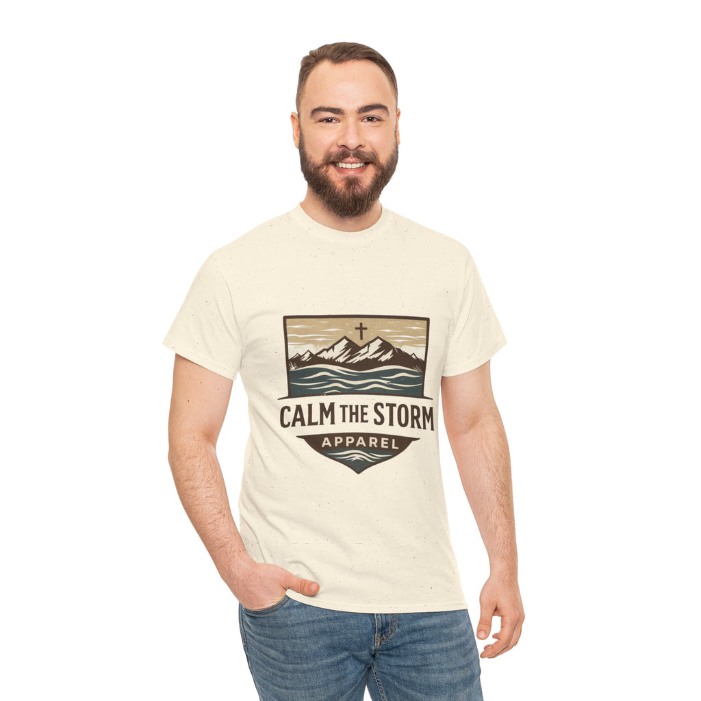Calm the Storm Graphic Tee — Mountains & Cross Christian Outdoor Shirt