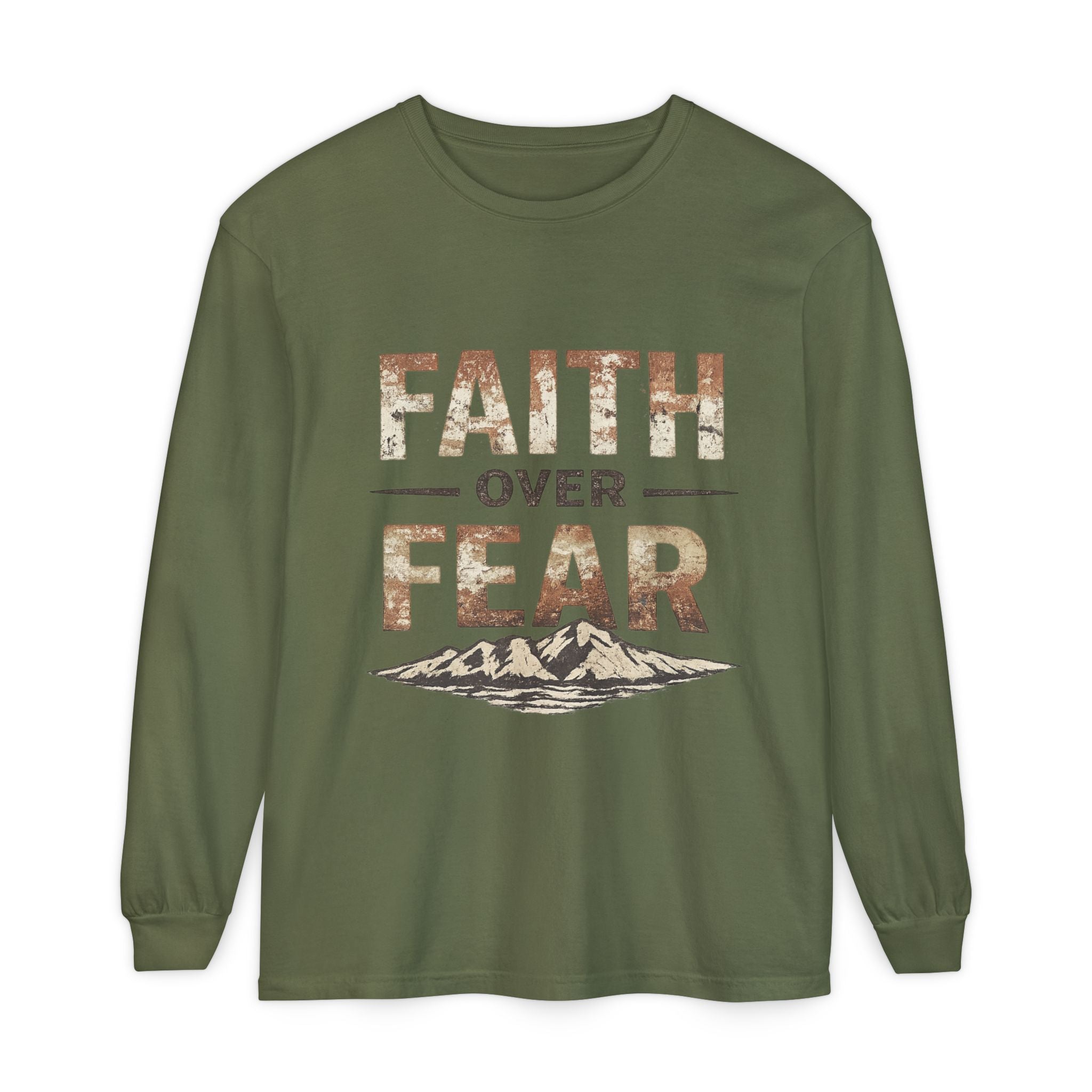 Faith Over Fear Long Sleeve Tee — Inspirational Mountain Graphic