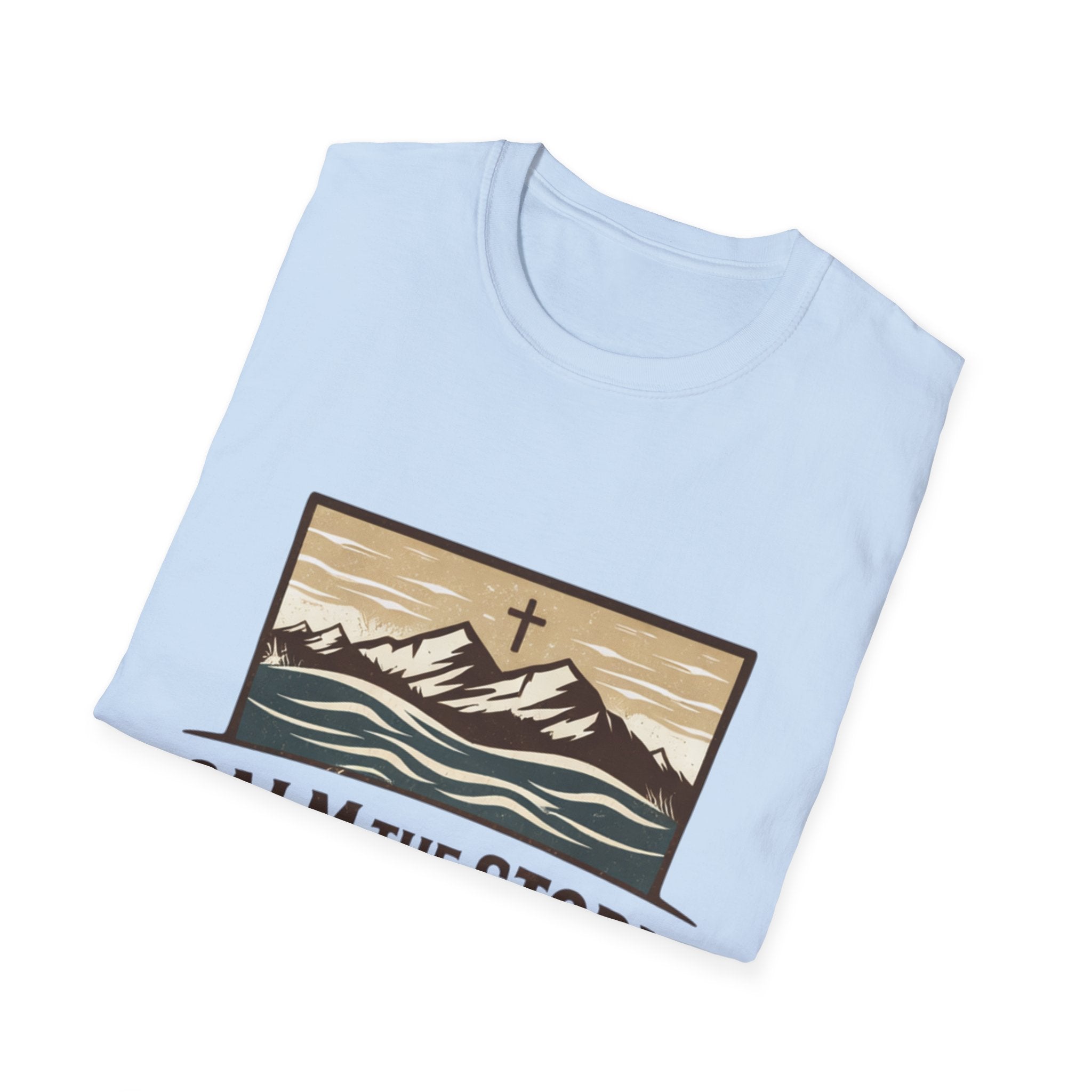 Calm The Storm Mountain Tee — Christian Cross Outdoor Graphic T-Shirt