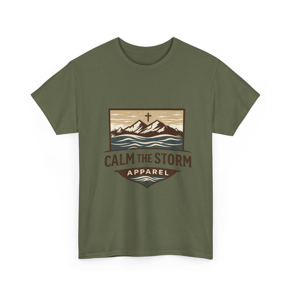 Calm the Storm Graphic Tee — Mountains & Cross Christian Outdoor Shirt