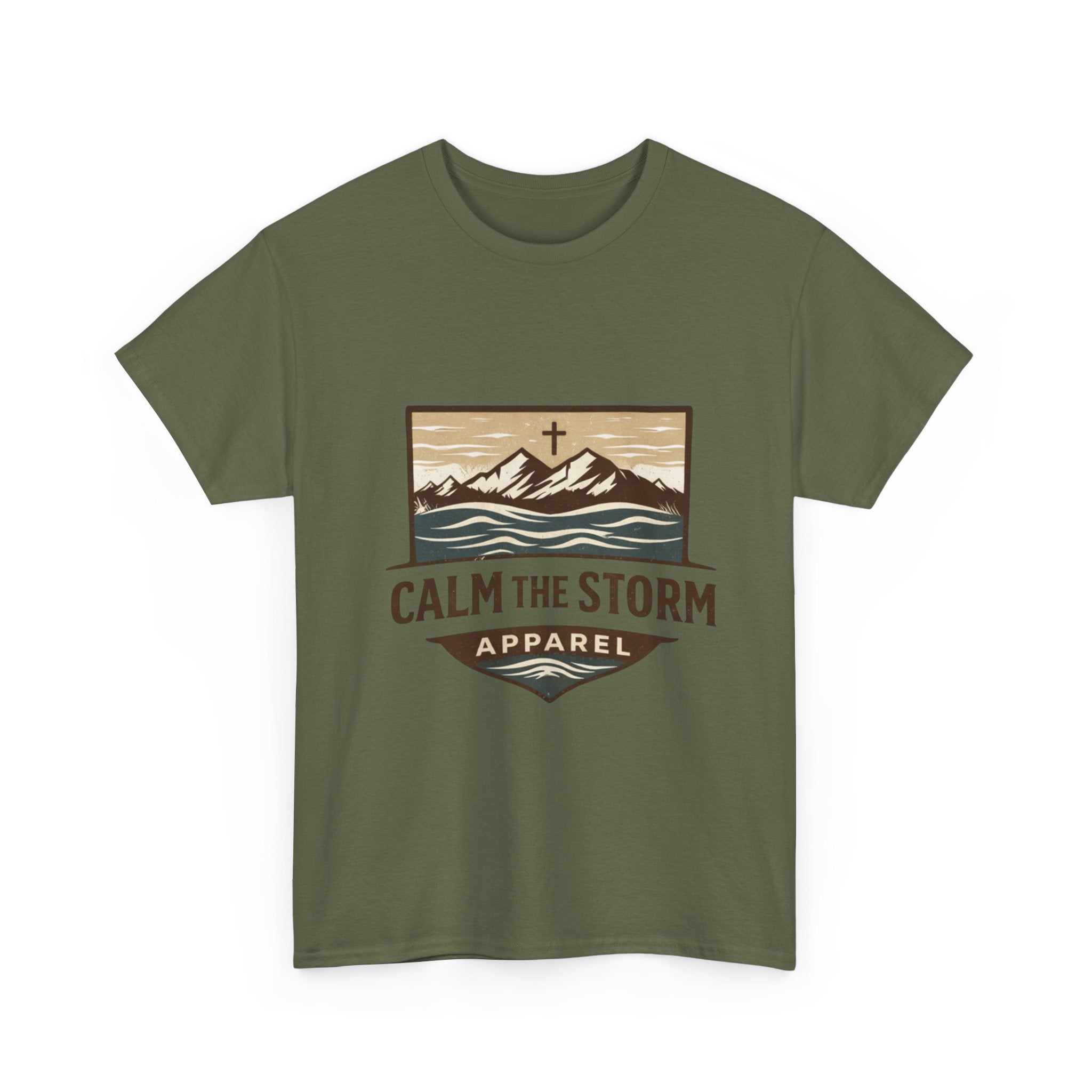 Calm the Storm Graphic Tee — Mountains & Cross Christian Outdoor Shirt
