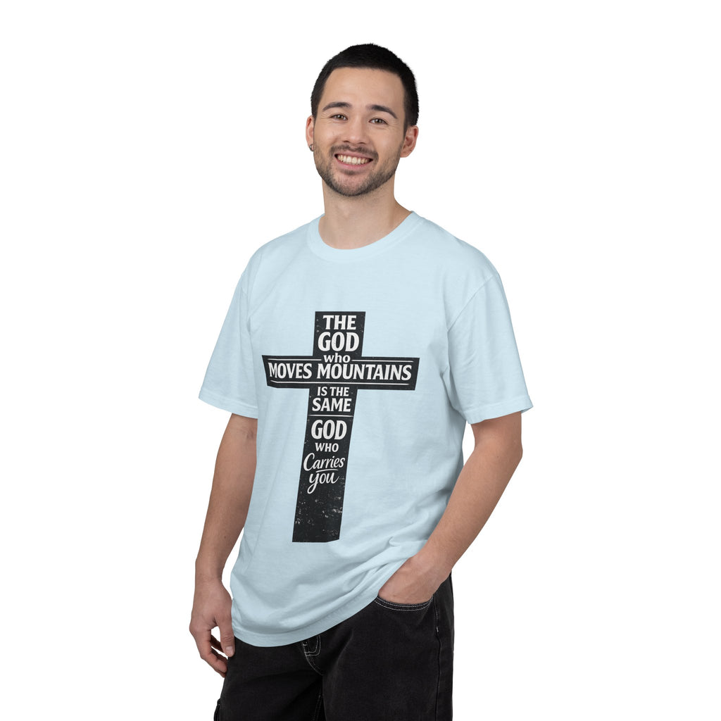 Christian Cross T-Shirt — "The God Who Moves Mountains is the Same God Who Carries You" Inspirational Faith Tee