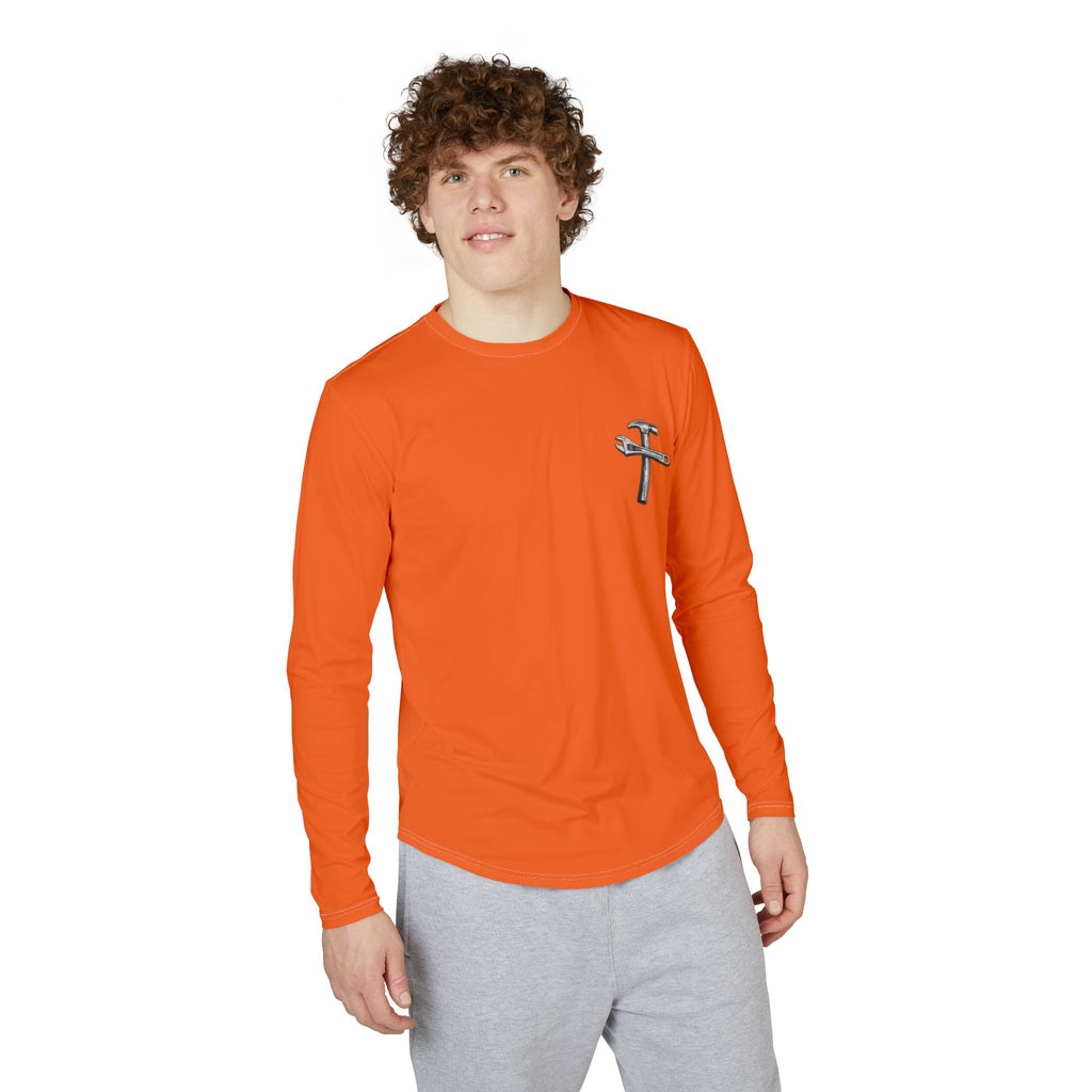 Built by God Work Shirt — Men’s UV Long Sleeve with Cross & Tools (Hebrews 3:4)