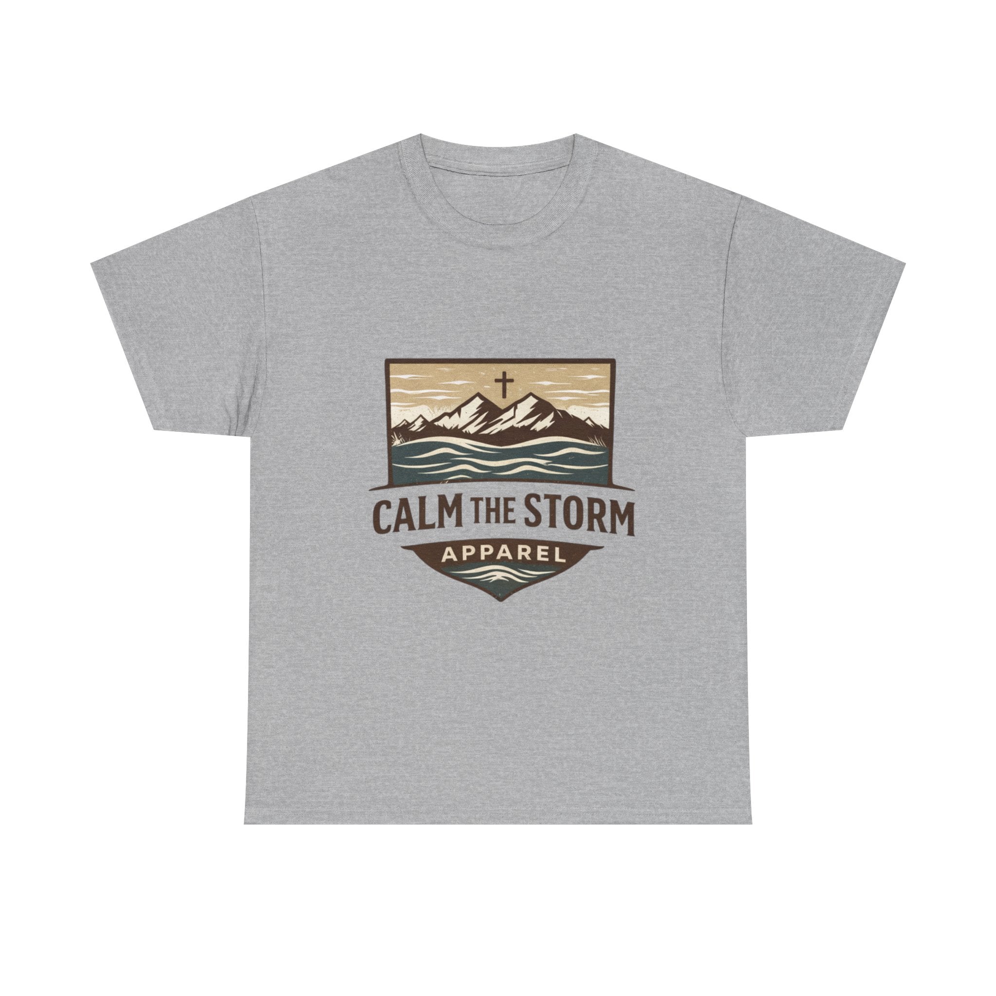 Calm the Storm Graphic Tee — Mountains & Cross Christian Outdoor Shirt