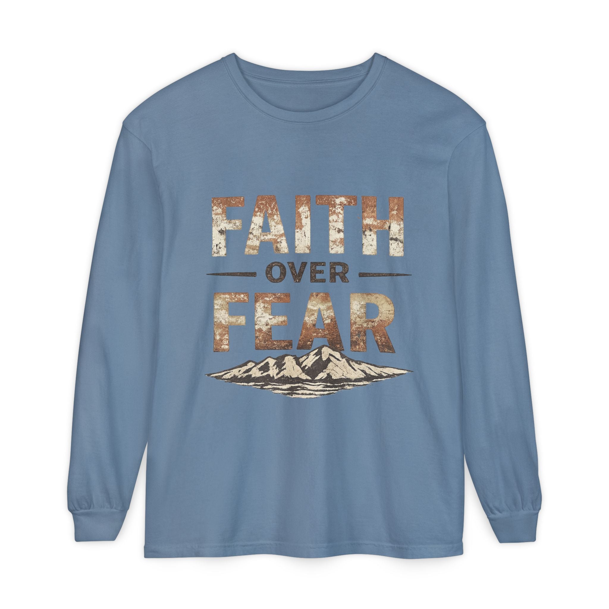 Faith Over Fear Long Sleeve Tee — Inspirational Mountain Graphic