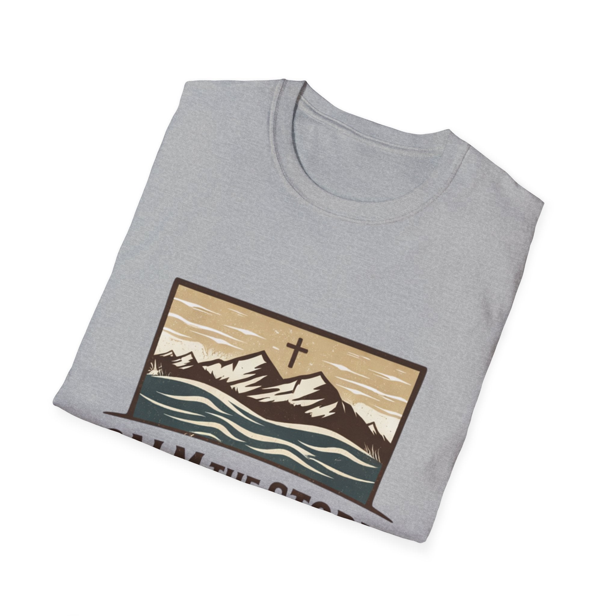 Calm The Storm Mountain Tee — Christian Cross Outdoor Graphic T-Shirt