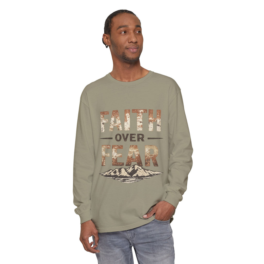 Faith Over Fear Long Sleeve Tee — Inspirational Mountain Graphic