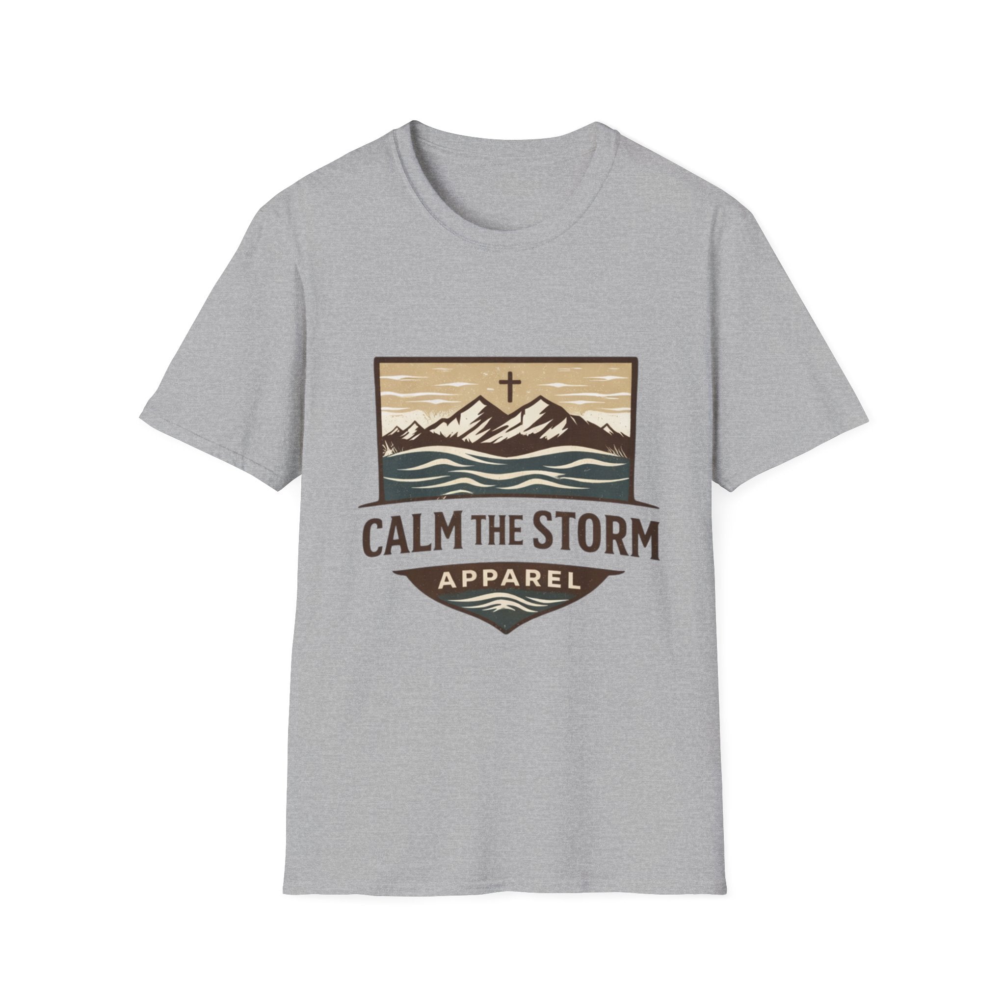 Calm The Storm Mountain Tee — Christian Cross Outdoor Graphic T-Shirt