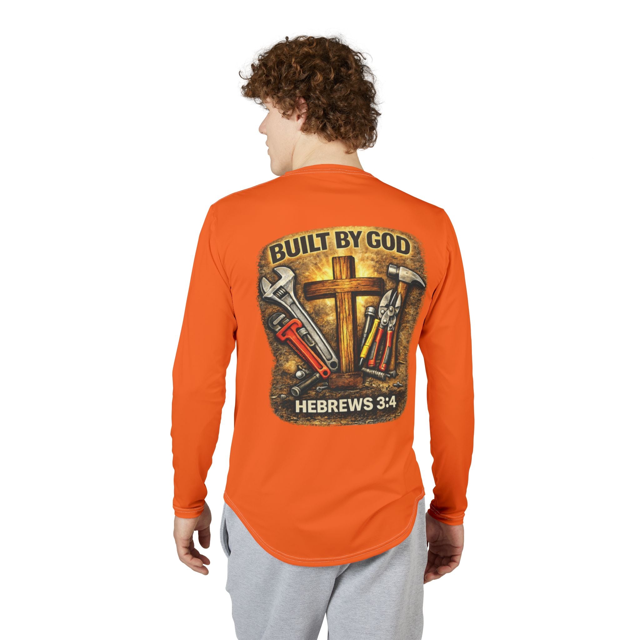 Built by God Work Shirt — Men’s UV Long Sleeve with Cross & Tools (Hebrews 3:4)