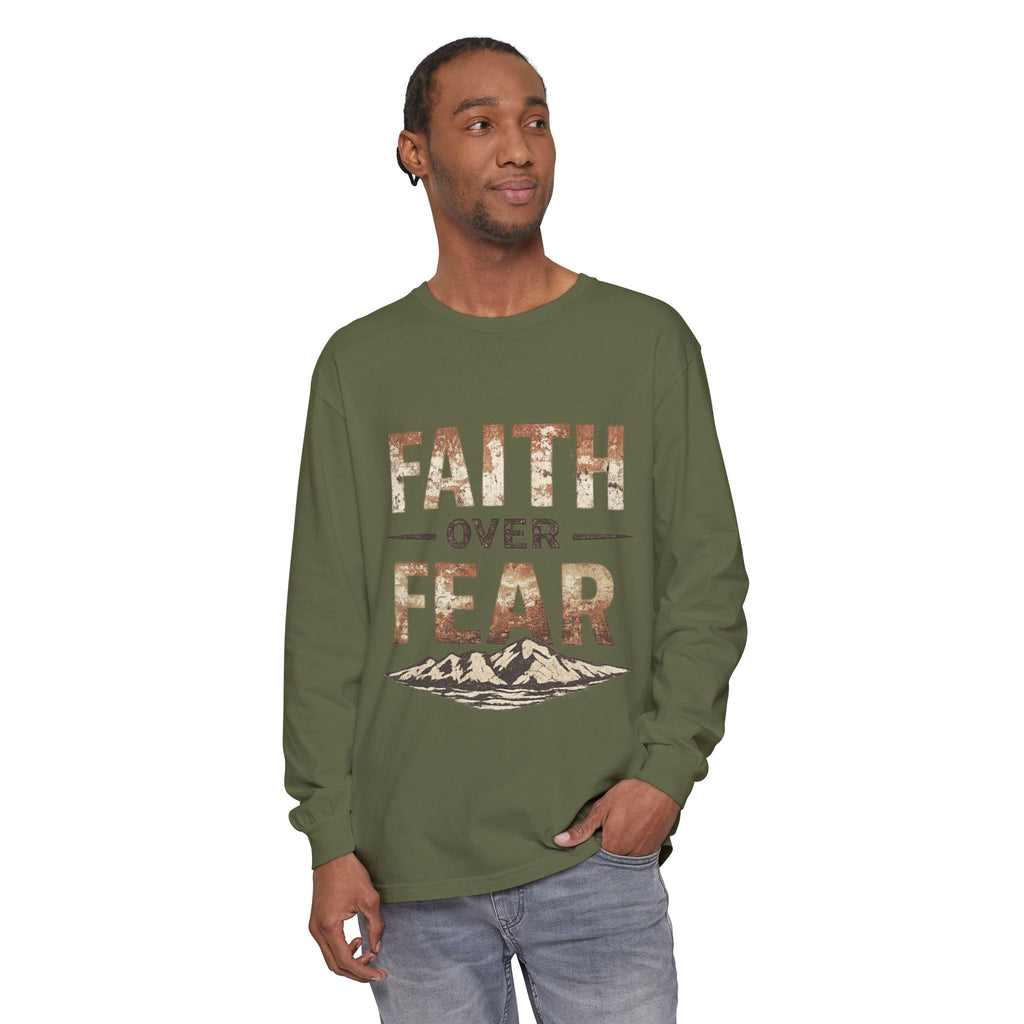 Faith Over Fear Long Sleeve Tee — Inspirational Mountain Graphic