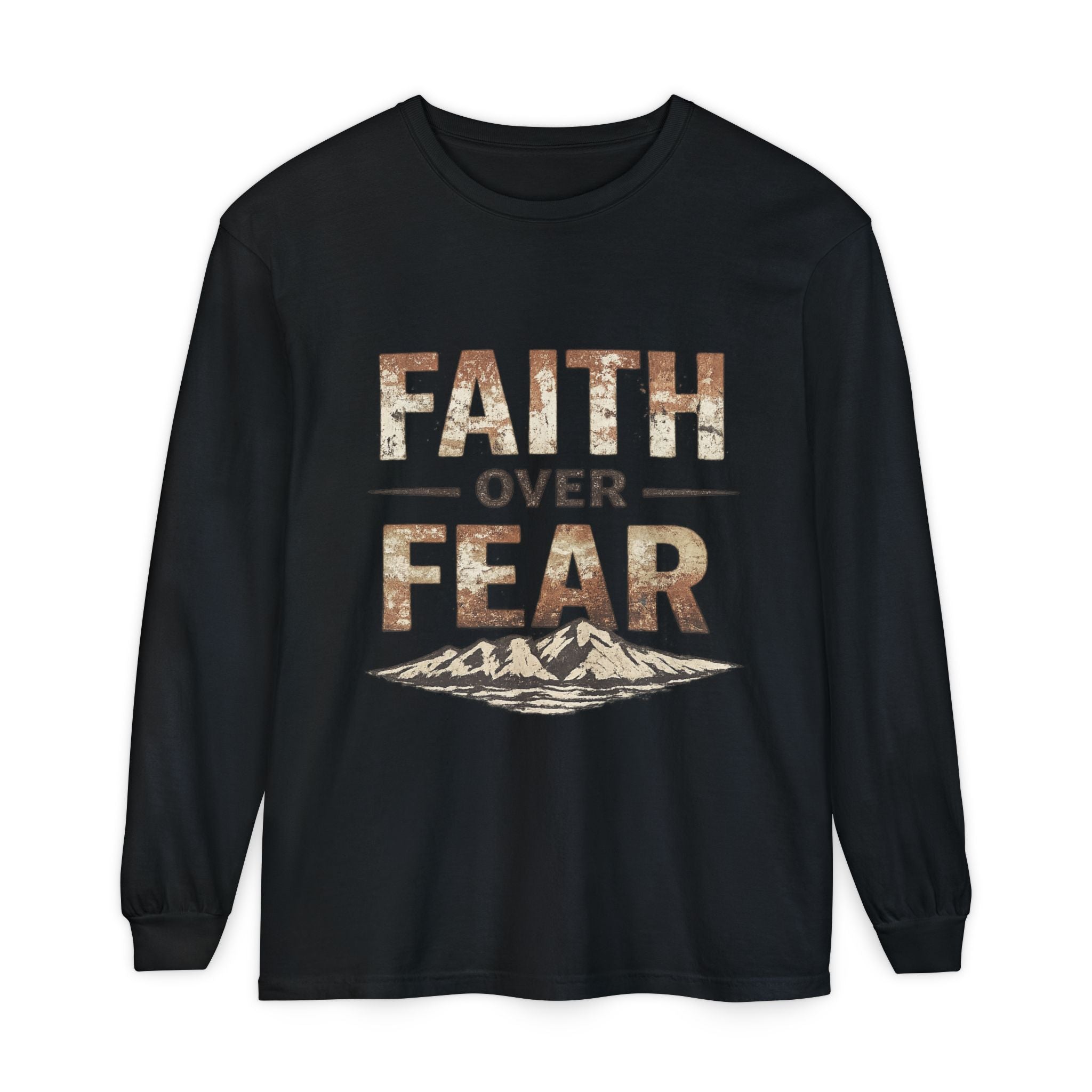 Faith Over Fear Long Sleeve Tee — Inspirational Mountain Graphic