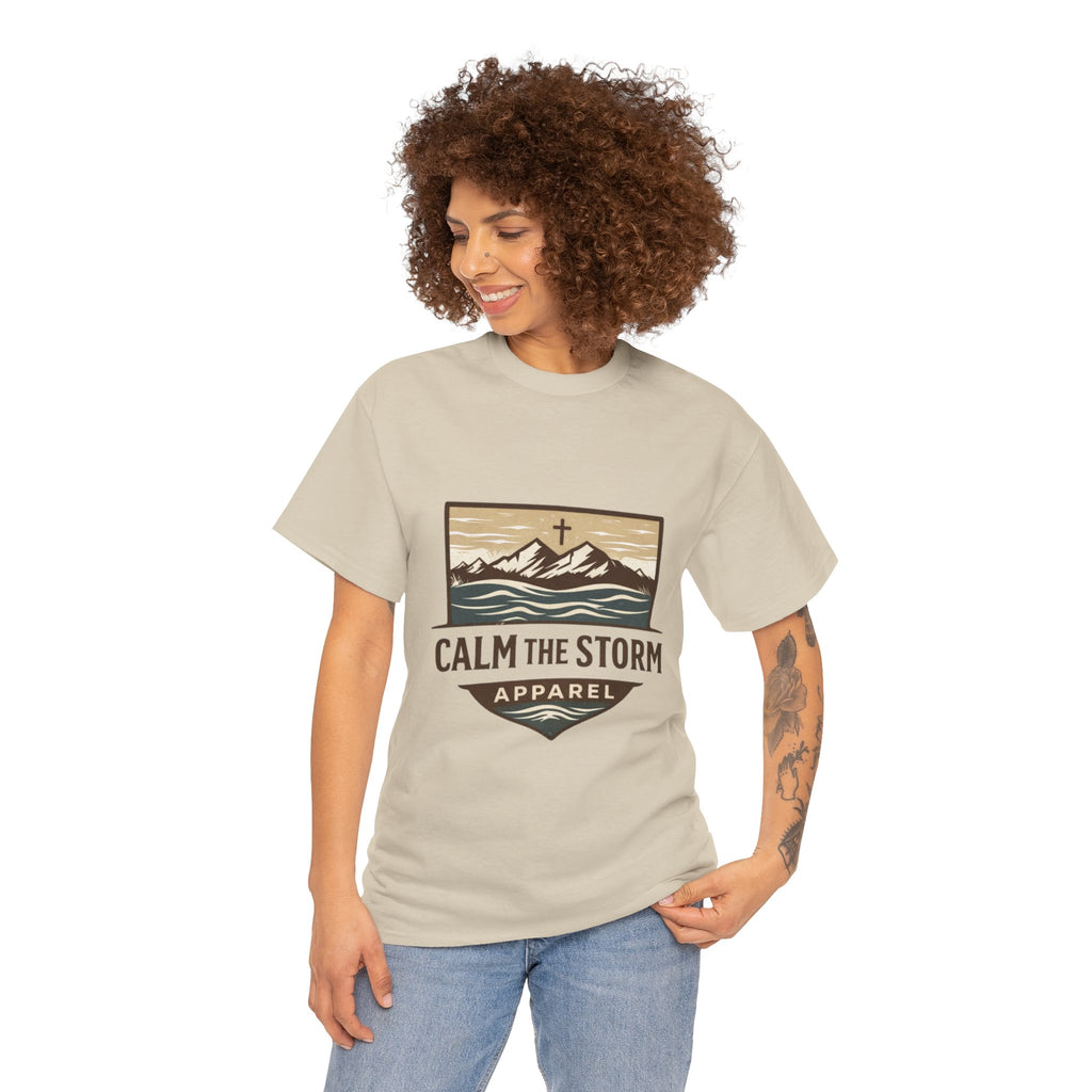 Calm the Storm Graphic Tee — Mountains & Cross Christian Outdoor Shirt