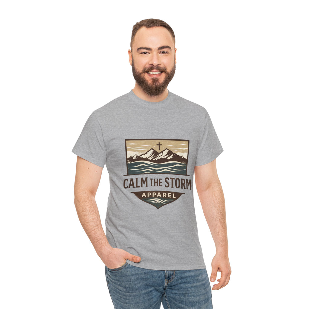 Calm the Storm Graphic Tee — Mountains & Cross Christian Outdoor Shirt