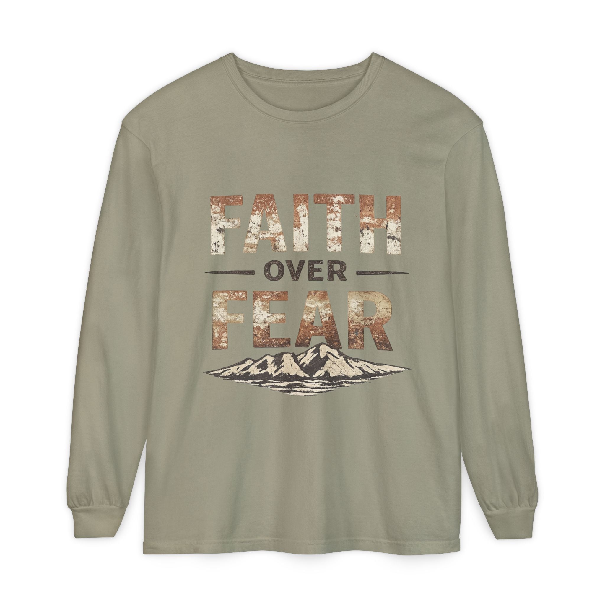 Faith Over Fear Long Sleeve Tee — Inspirational Mountain Graphic