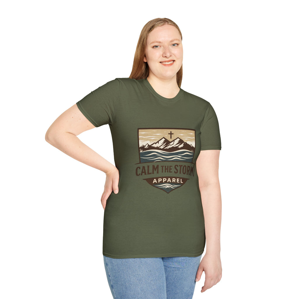 Calm The Storm Mountain Tee — Christian Cross Outdoor Graphic T-Shirt