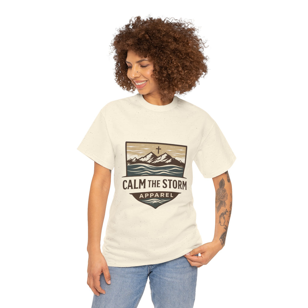 Calm the Storm Graphic Tee — Mountains & Cross Christian Outdoor Shirt