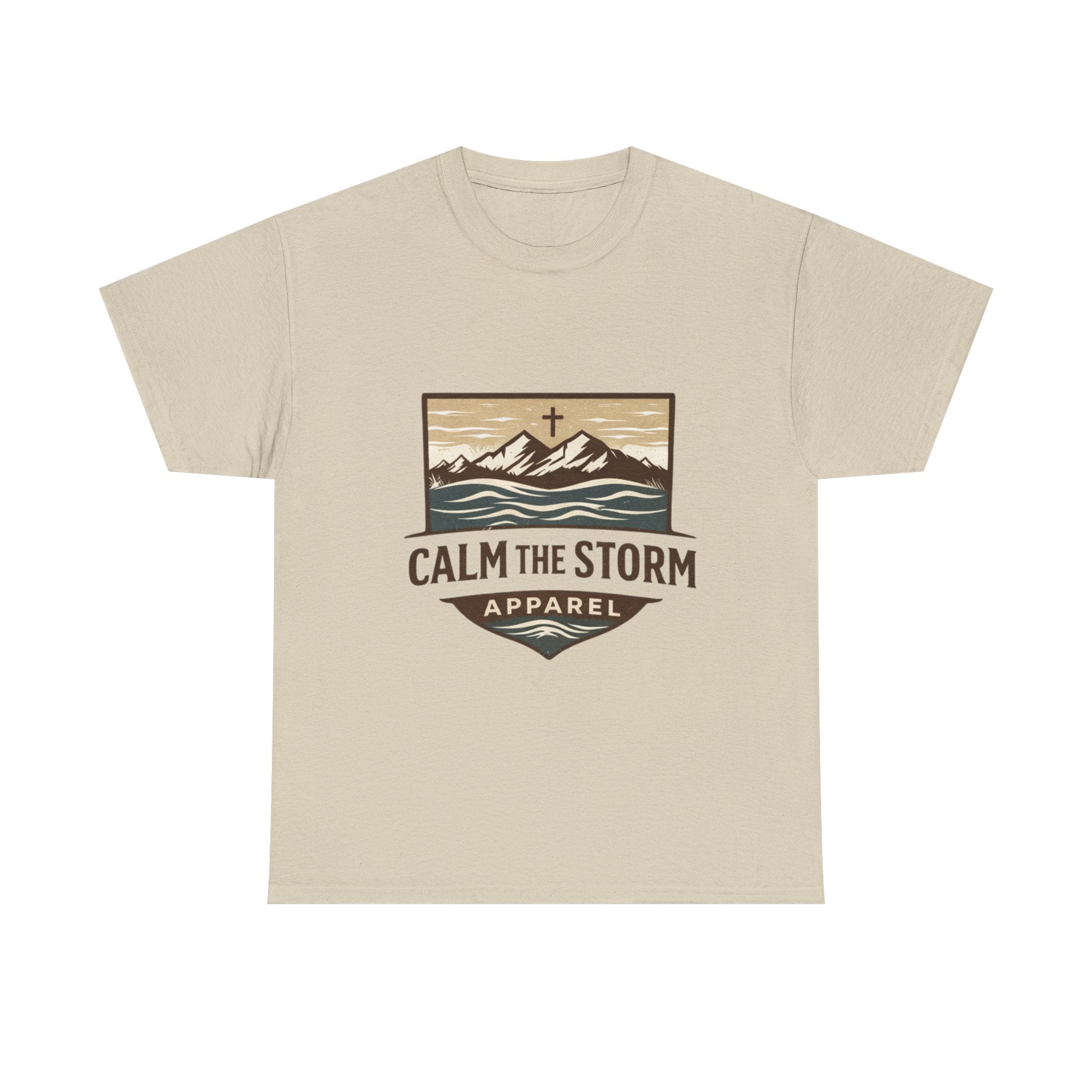 Calm the Storm Graphic Tee — Mountains & Cross Christian Outdoor Shirt