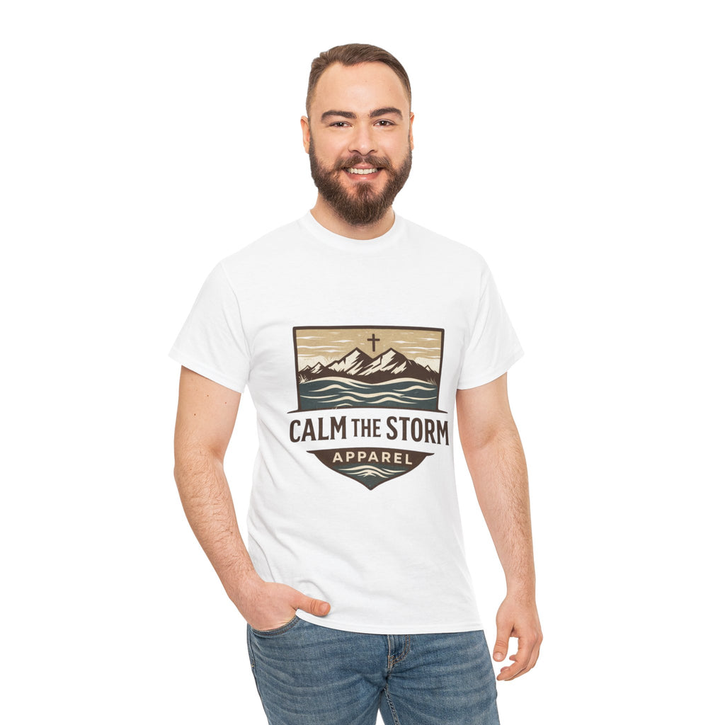 Calm the Storm Graphic Tee — Mountains & Cross Christian Outdoor Shirt