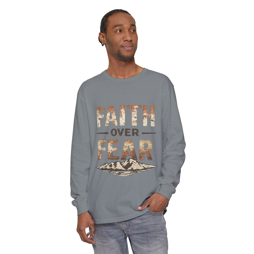 Faith Over Fear Long Sleeve Tee — Inspirational Mountain Graphic