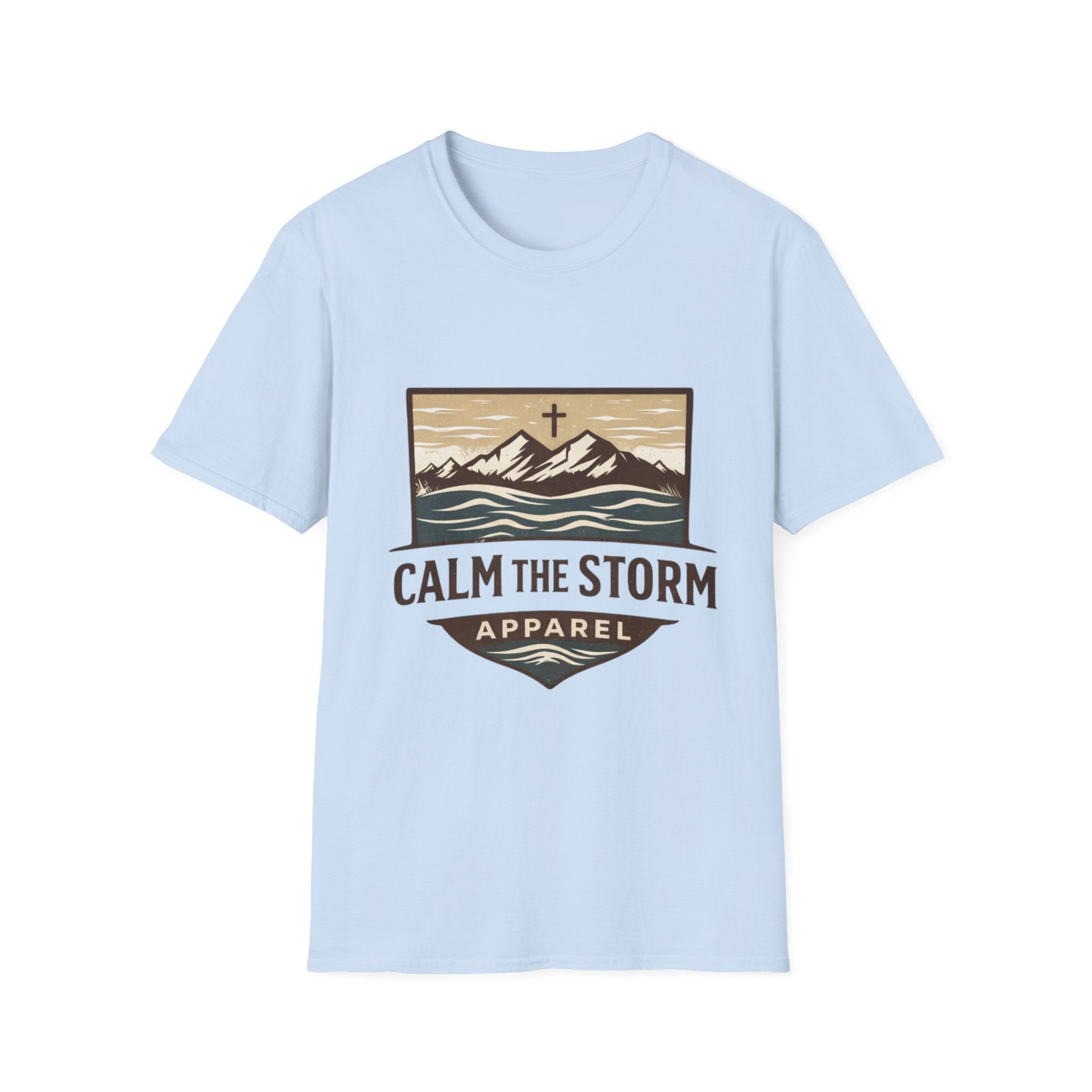 Calm The Storm Mountain Tee — Christian Cross Outdoor Graphic T-Shirt