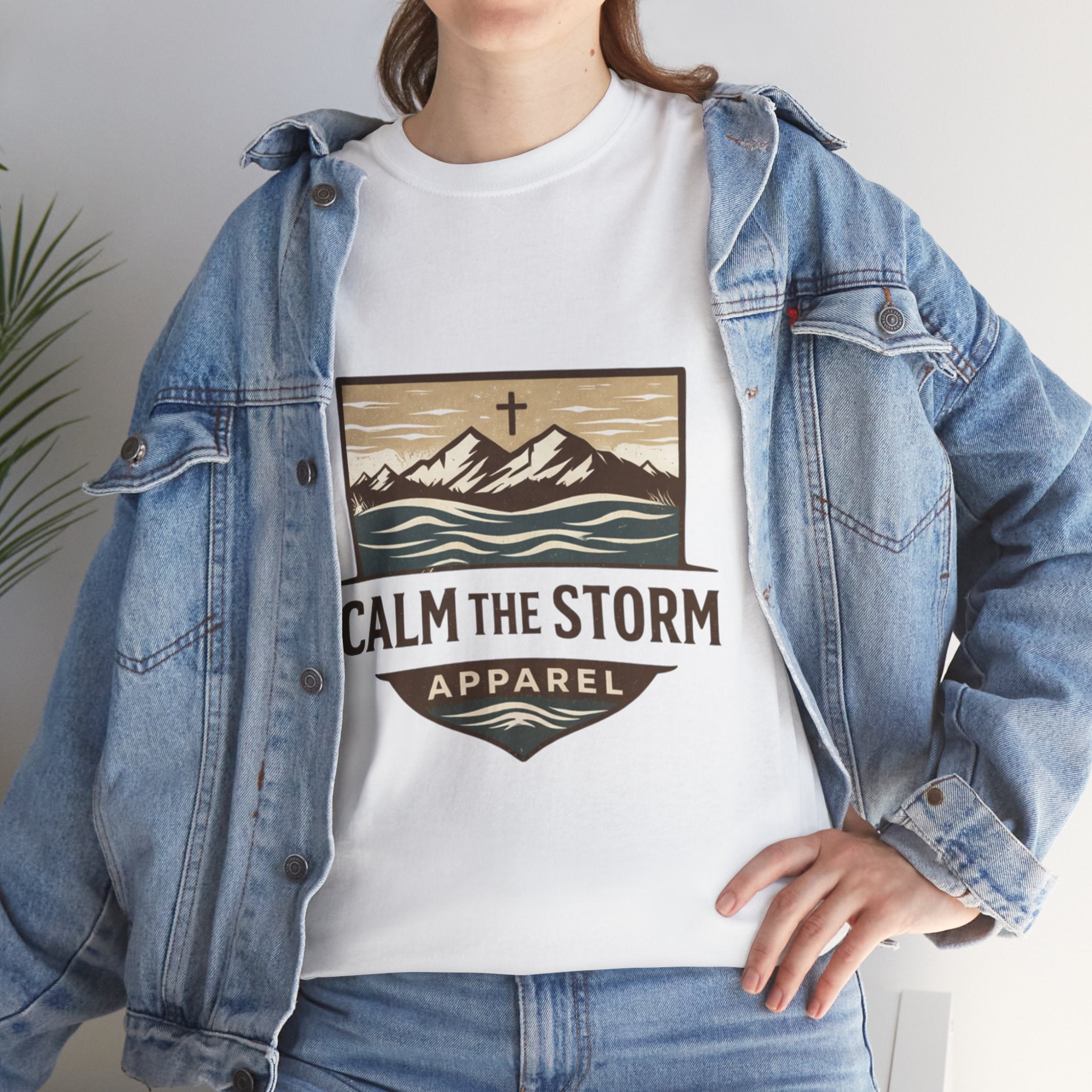 Calm the Storm Graphic Tee — Mountains & Cross Christian Outdoor Shirt