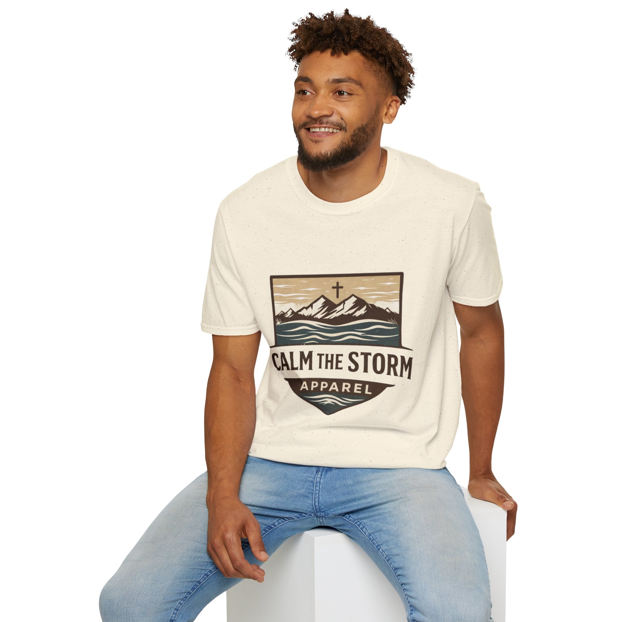 Calm The Storm Mountain Tee — Christian Cross Outdoor Graphic T-Shirt