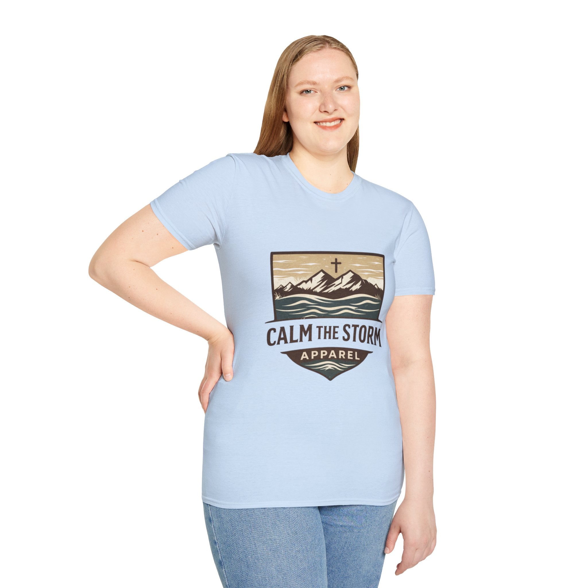 Calm The Storm Mountain Tee — Christian Cross Outdoor Graphic T-Shirt