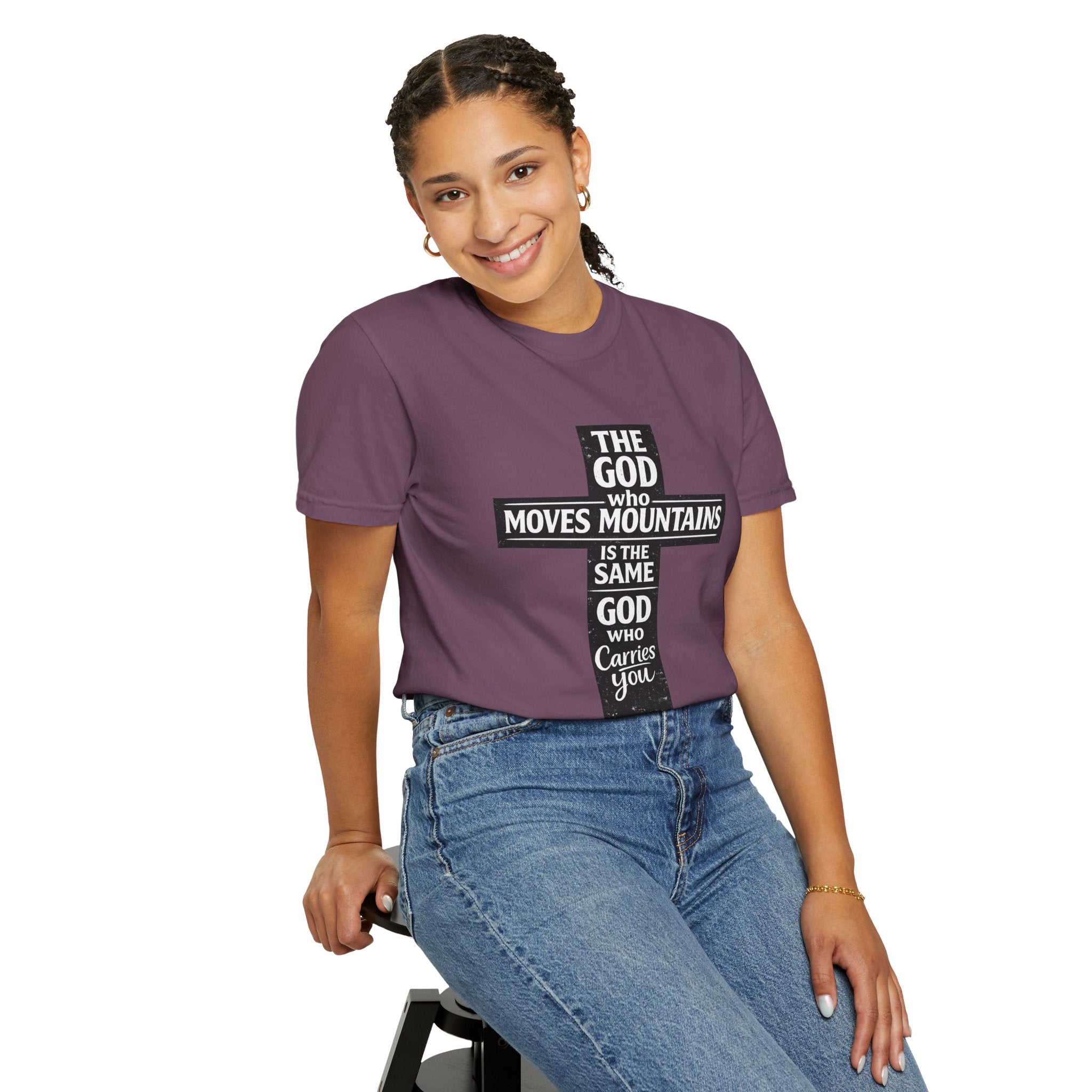 Christian Cross T-Shirt — "The God Who Moves Mountains is the Same God Who Carries You" Inspirational Faith Tee