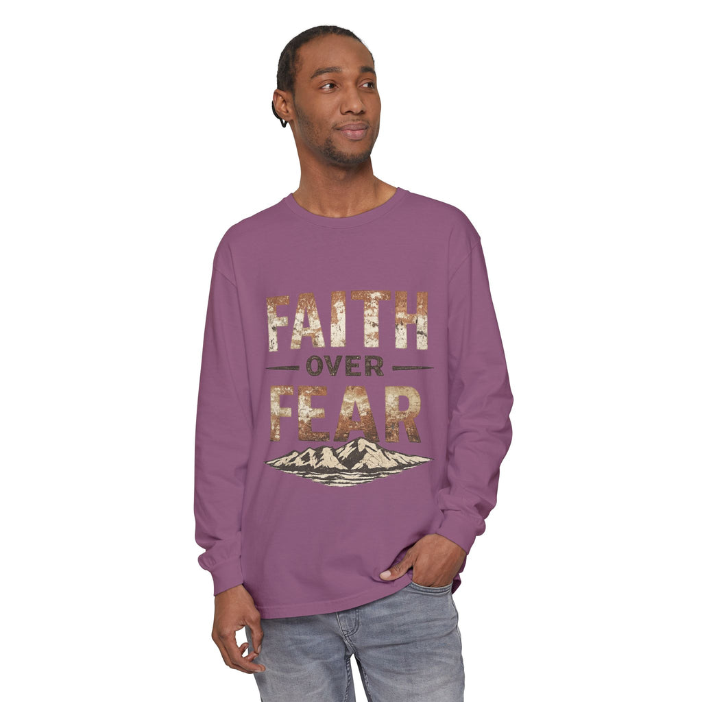Faith Over Fear Long Sleeve Tee — Inspirational Mountain Graphic
