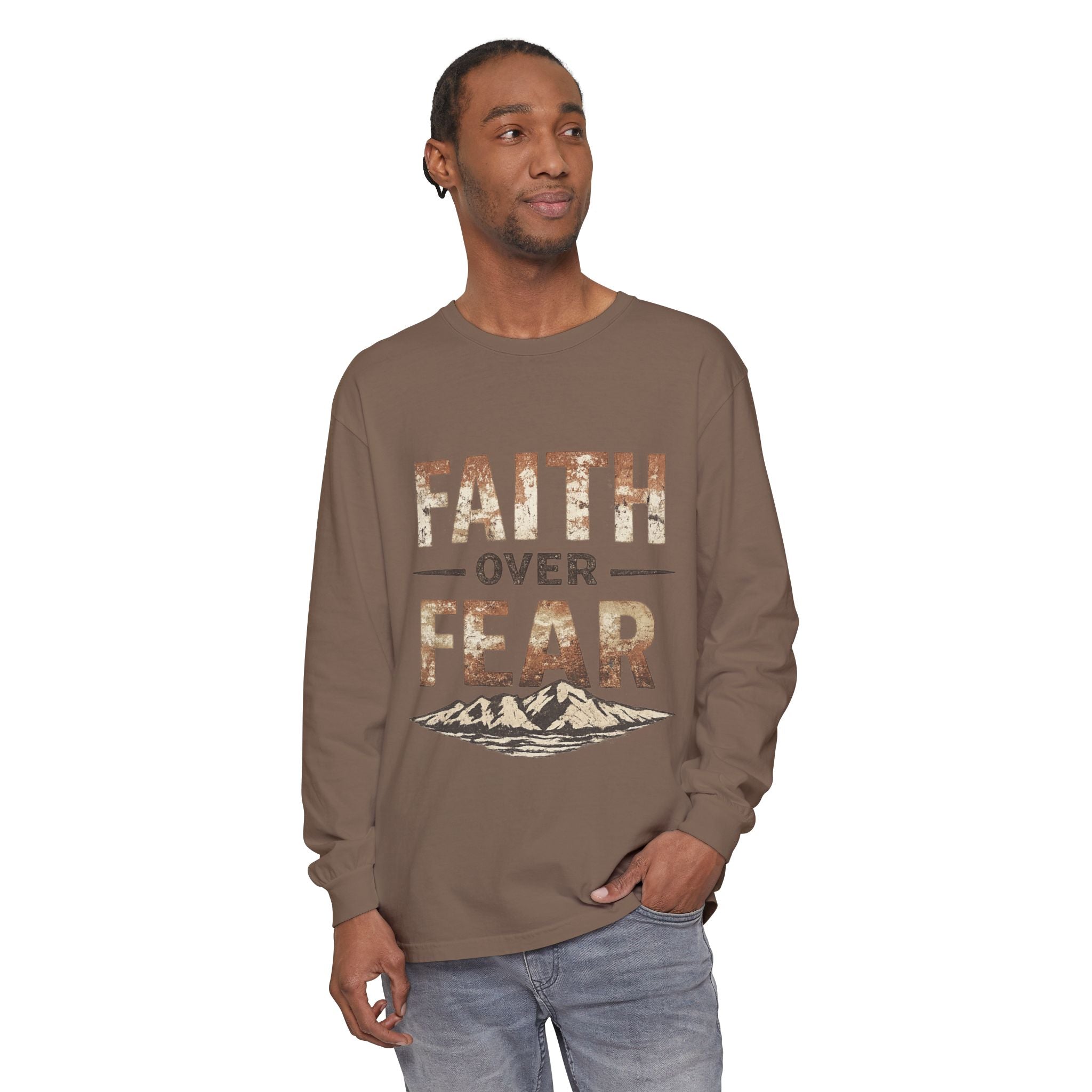 Faith Over Fear Long Sleeve Tee — Inspirational Mountain Graphic