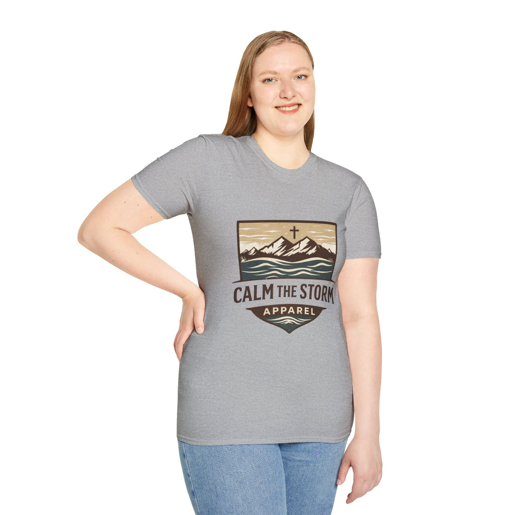 Calm The Storm Mountain Tee — Christian Cross Outdoor Graphic T-Shirt