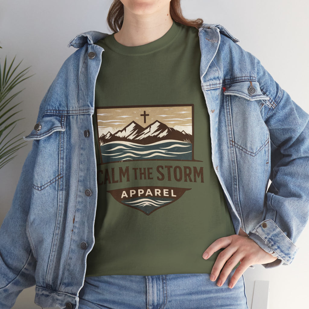 Calm the Storm Graphic Tee — Mountains & Cross Christian Outdoor Shirt