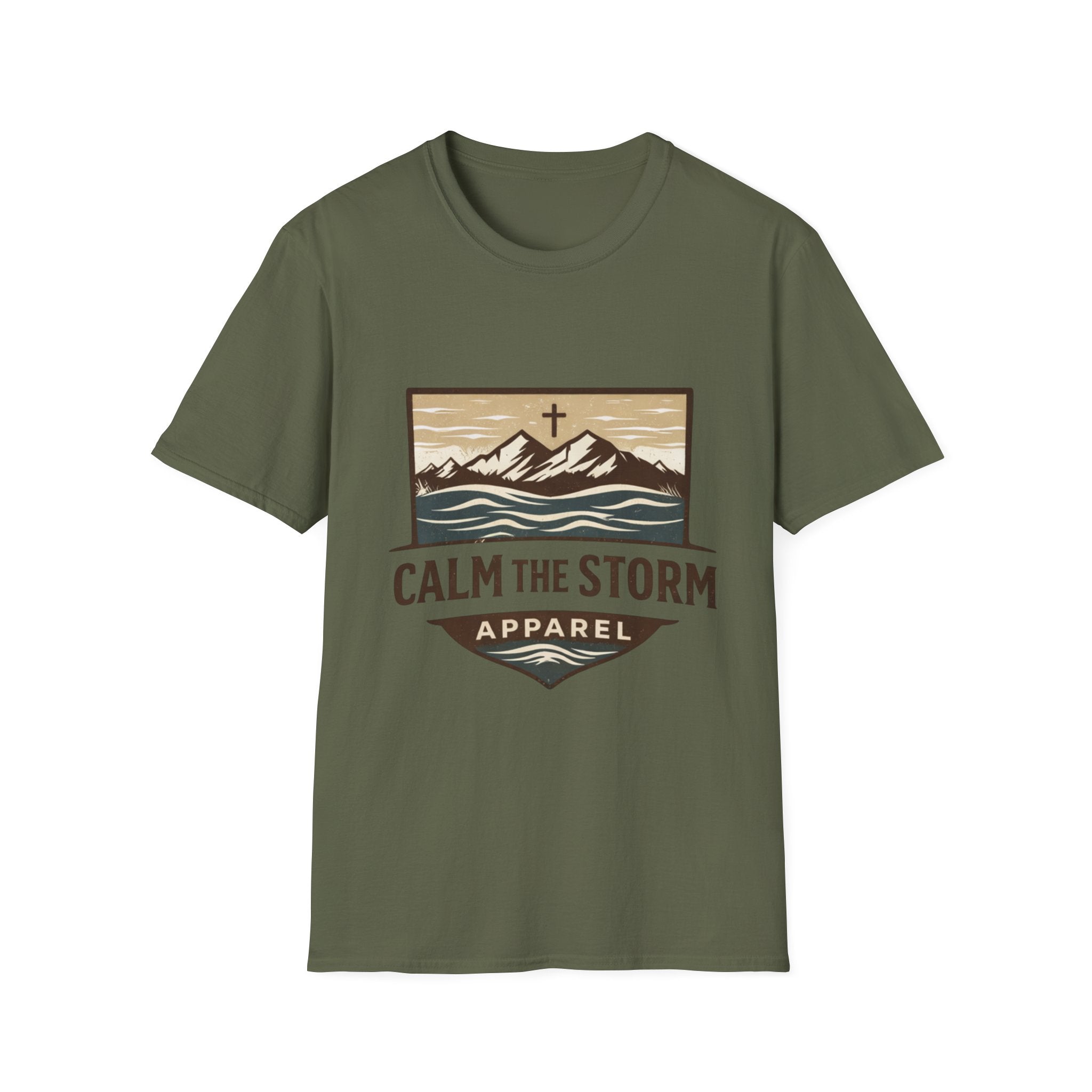Calm The Storm Mountain Tee — Christian Cross Outdoor Graphic T-Shirt