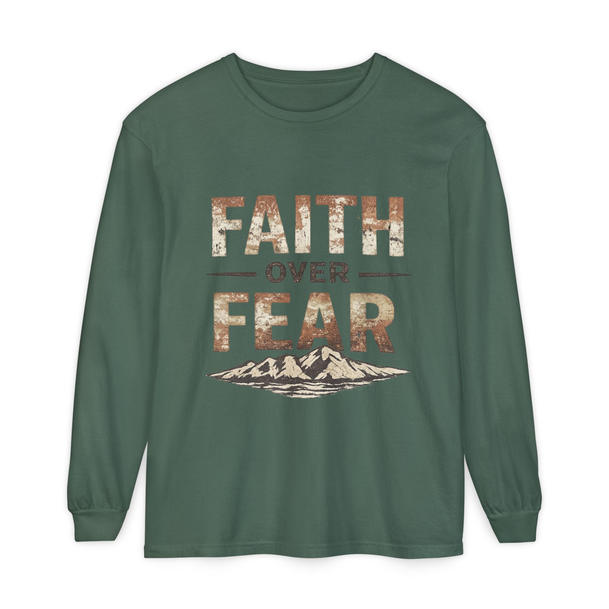 Faith Over Fear Long Sleeve Tee — Inspirational Mountain Graphic