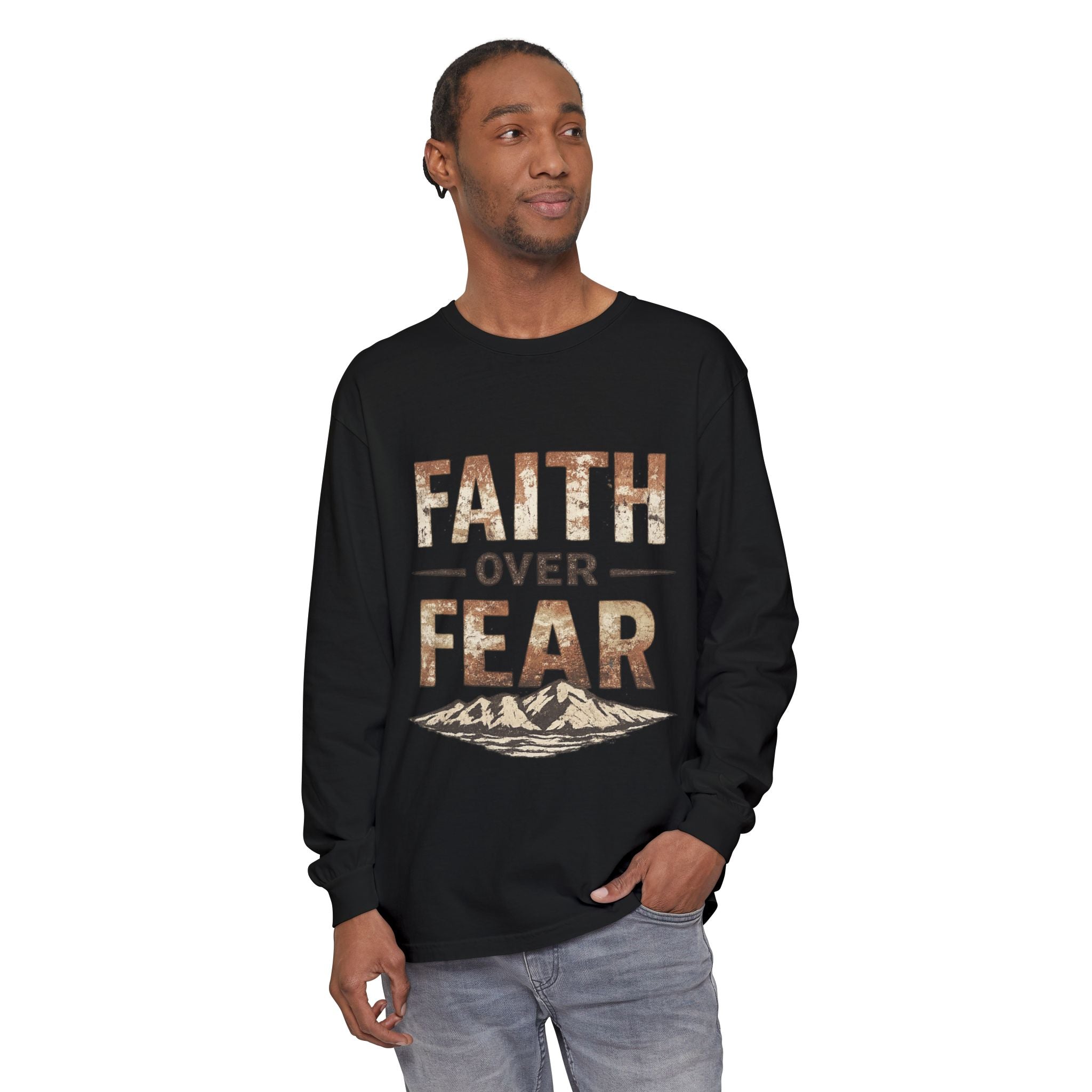 Faith Over Fear Long Sleeve Tee — Inspirational Mountain Graphic