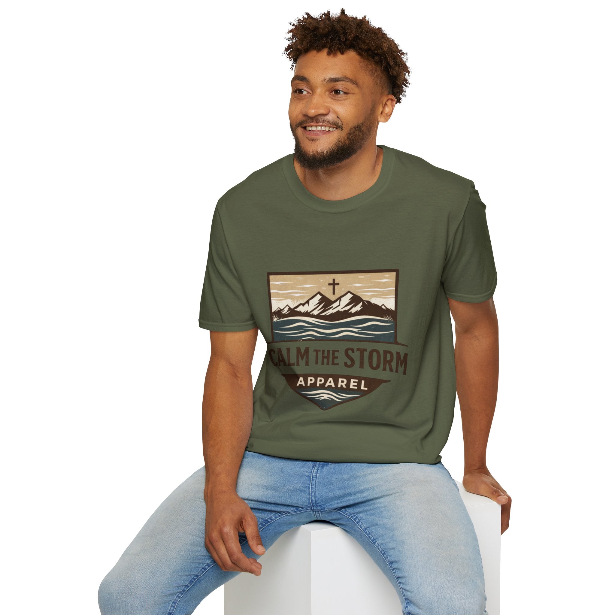 Calm The Storm Mountain Tee — Christian Cross Outdoor Graphic T-Shirt