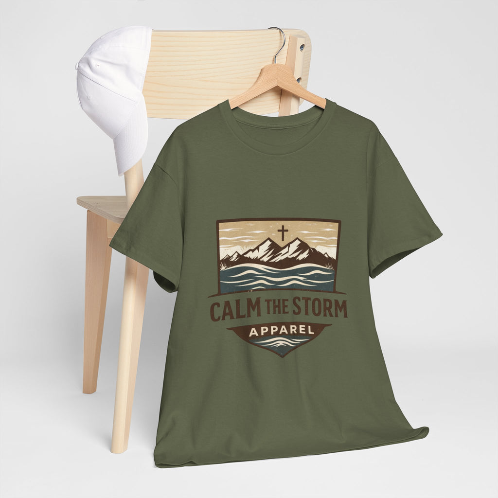 Calm the Storm Graphic Tee — Mountains & Cross Christian Outdoor Shirt