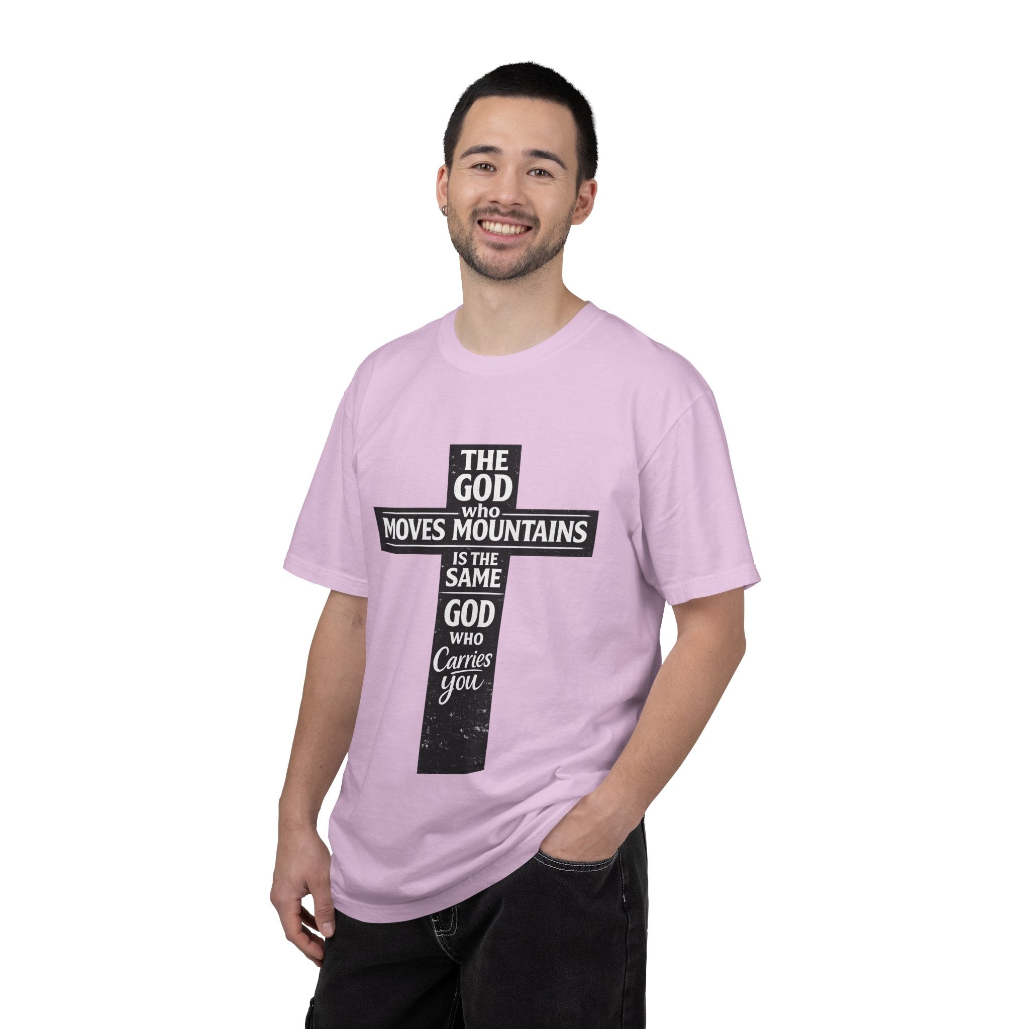 Christian Cross T-Shirt — "The God Who Moves Mountains is the Same God Who Carries You" Inspirational Faith Tee