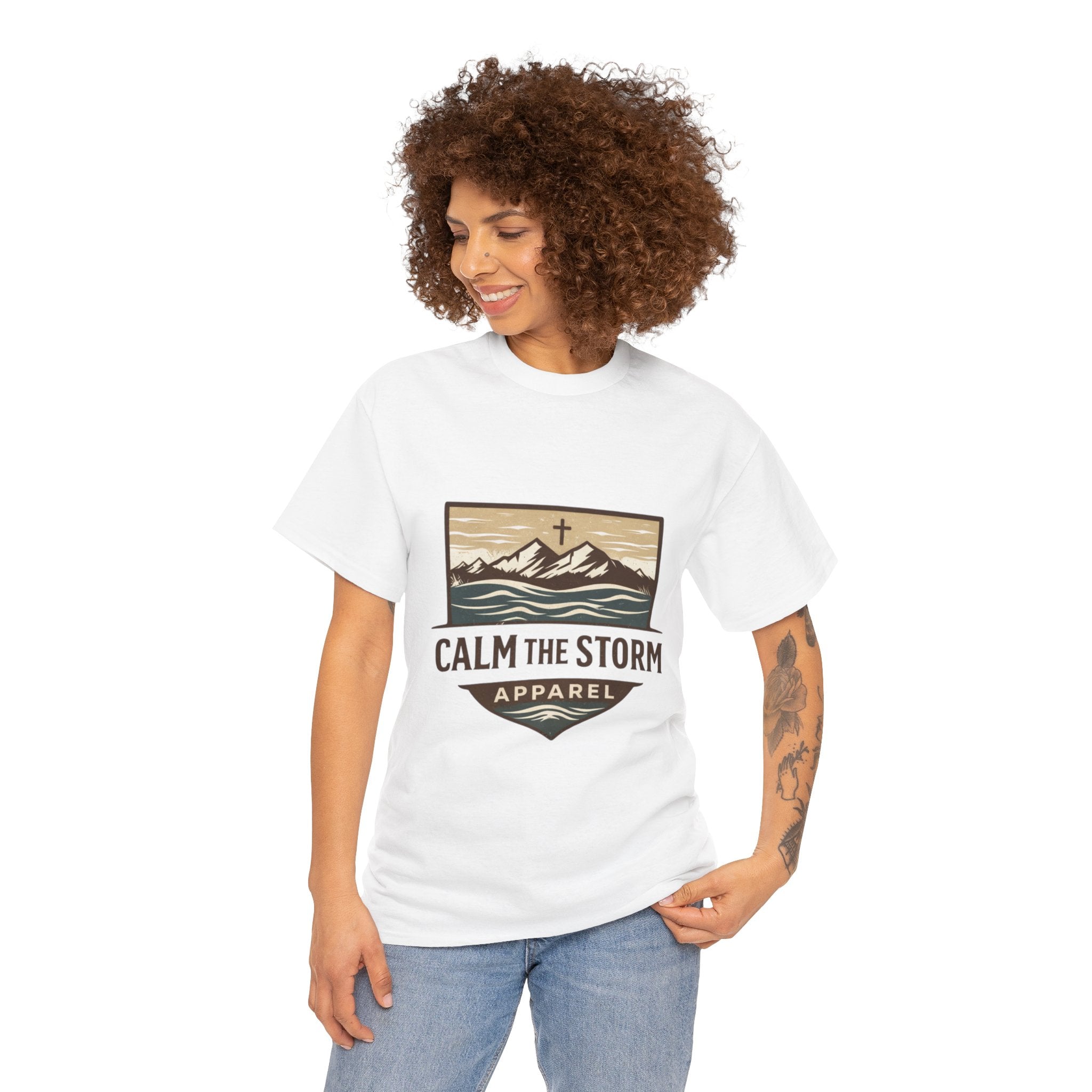 Calm the Storm Graphic Tee — Mountains & Cross Christian Outdoor Shirt