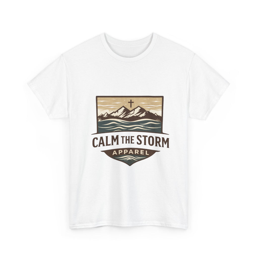 Calm the Storm Graphic Tee — Mountains & Cross Christian Outdoor Shirt