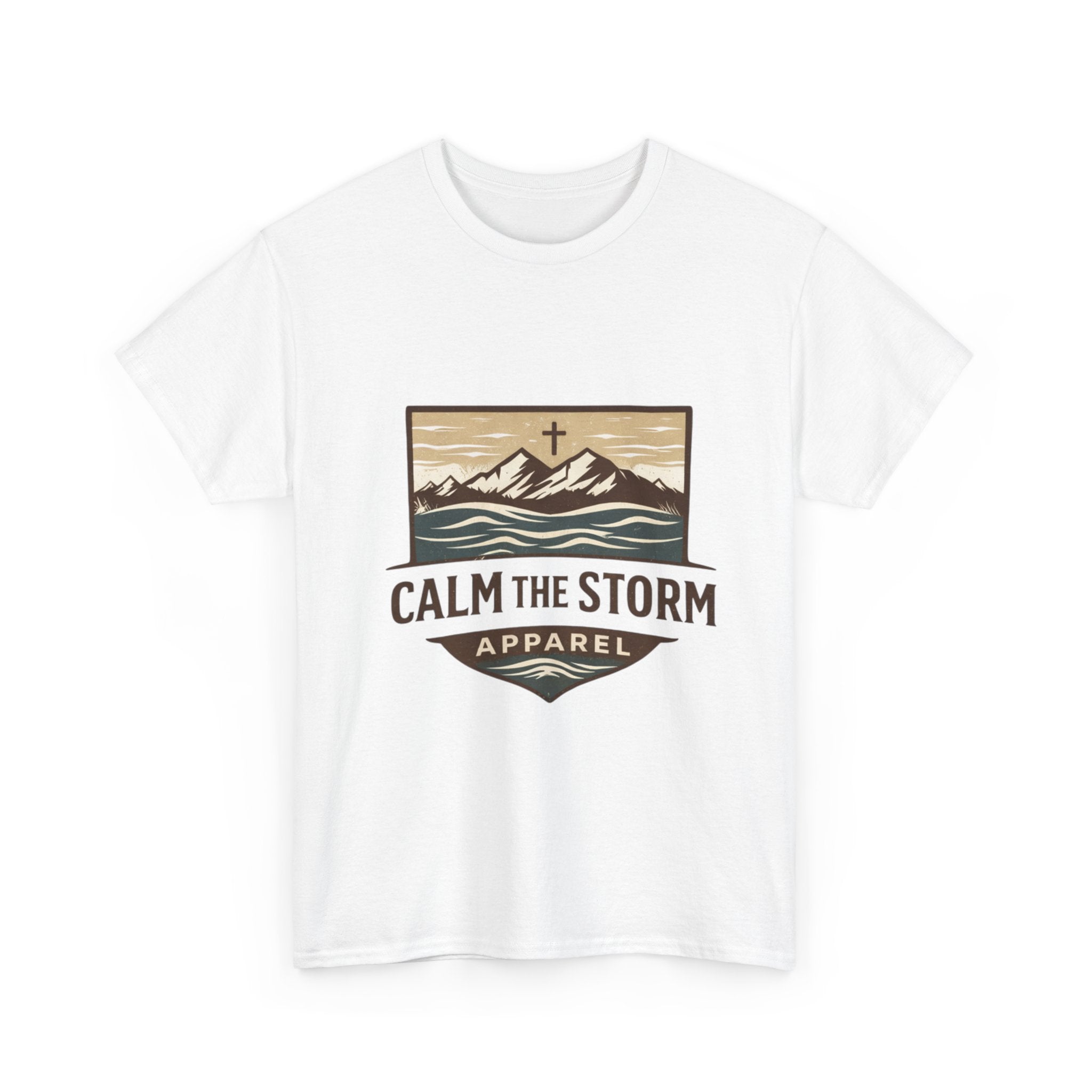 Calm the Storm Graphic Tee — Mountains & Cross Christian Outdoor Shirt
