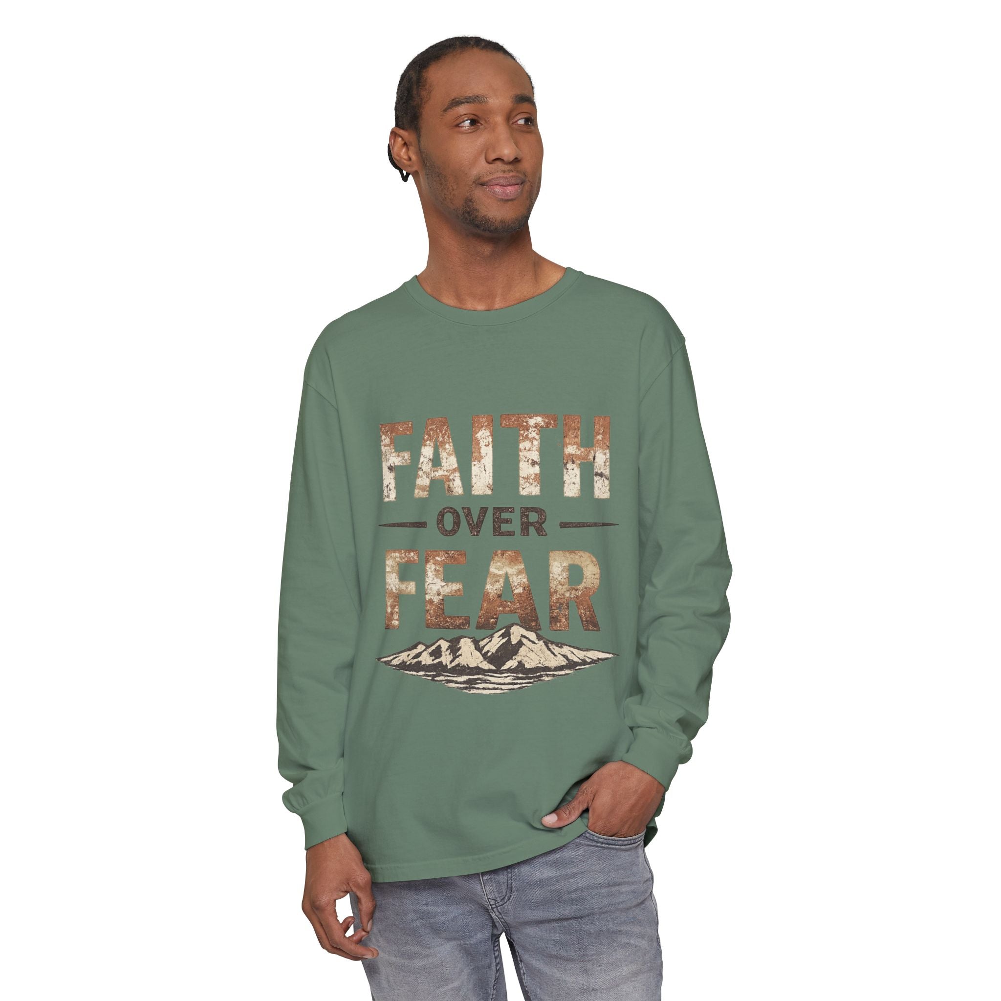 Faith Over Fear Long Sleeve Tee — Inspirational Mountain Graphic