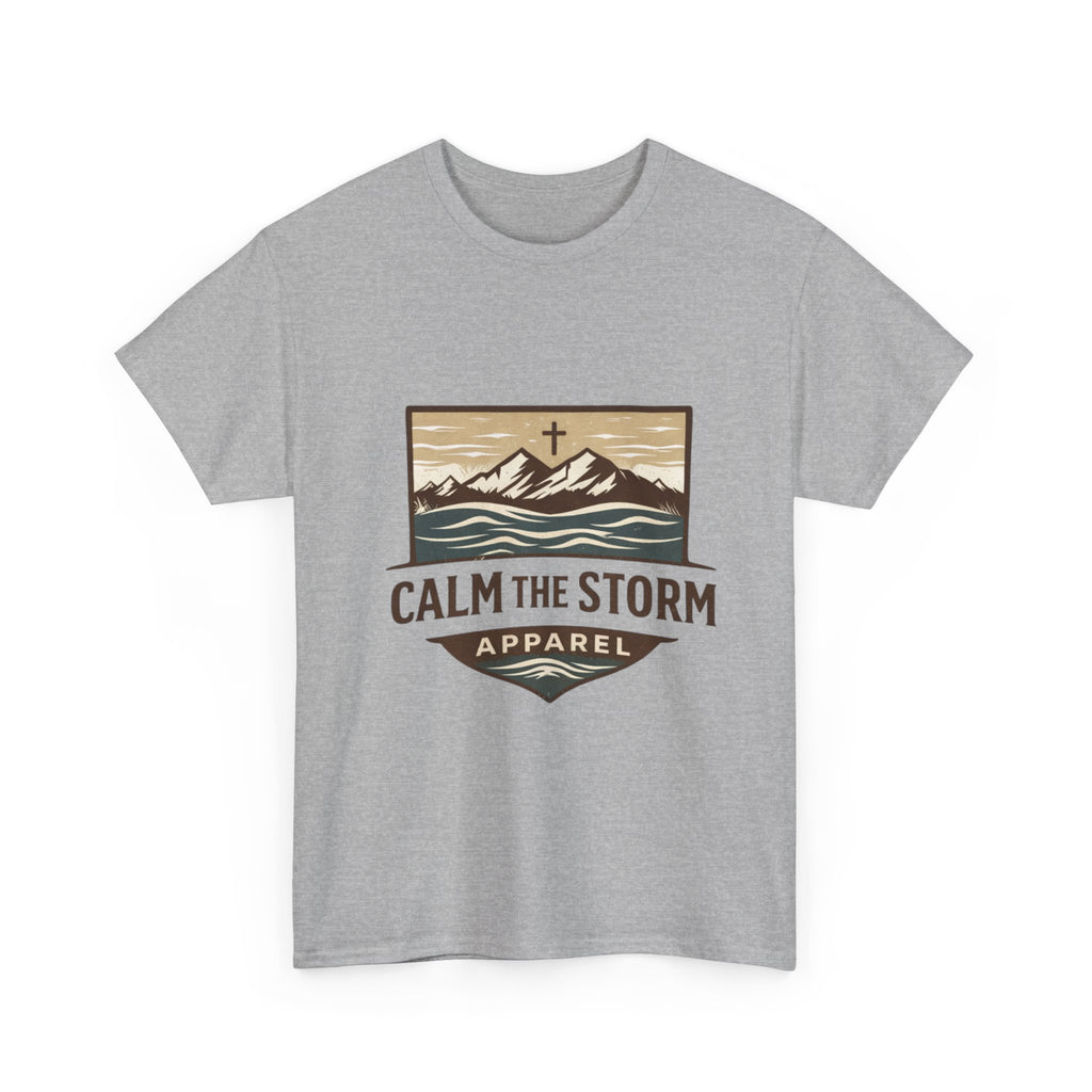 Calm the Storm Graphic Tee — Mountains & Cross Christian Outdoor Shirt