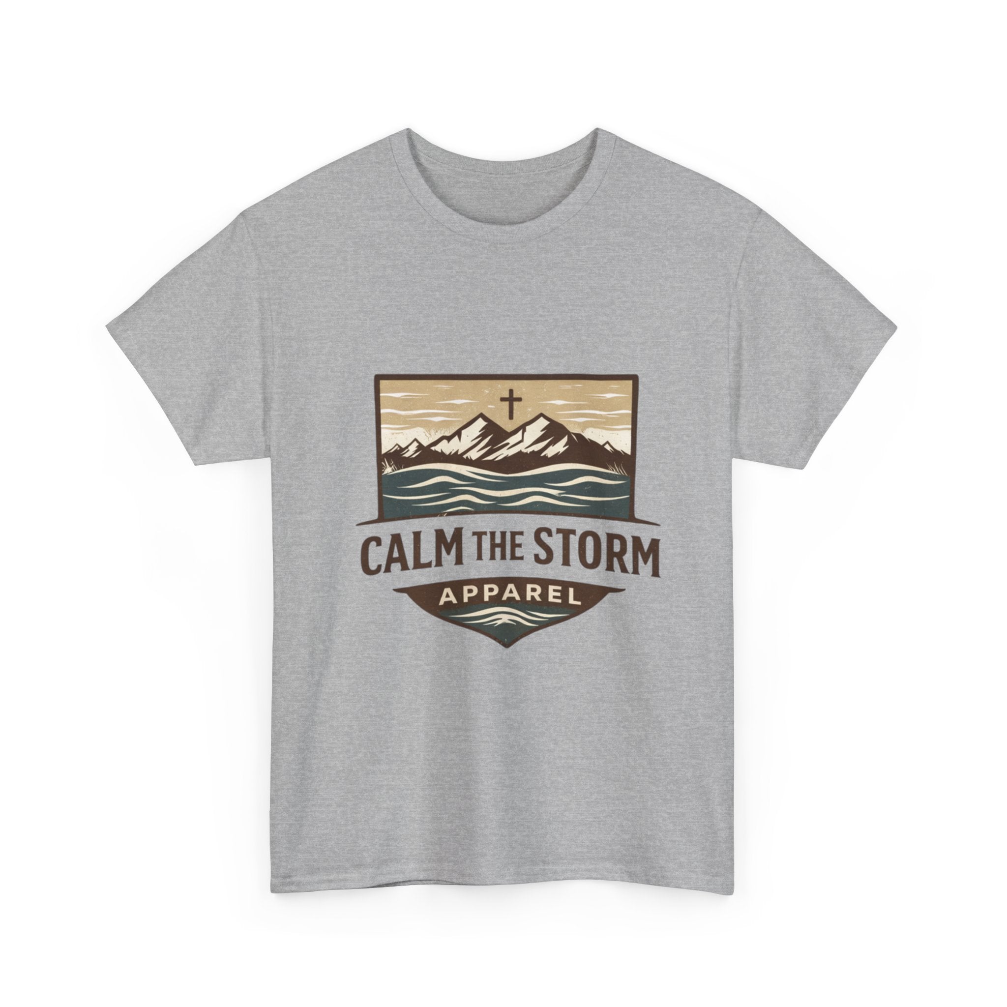 Calm the Storm Graphic Tee — Mountains & Cross Christian Outdoor Shirt