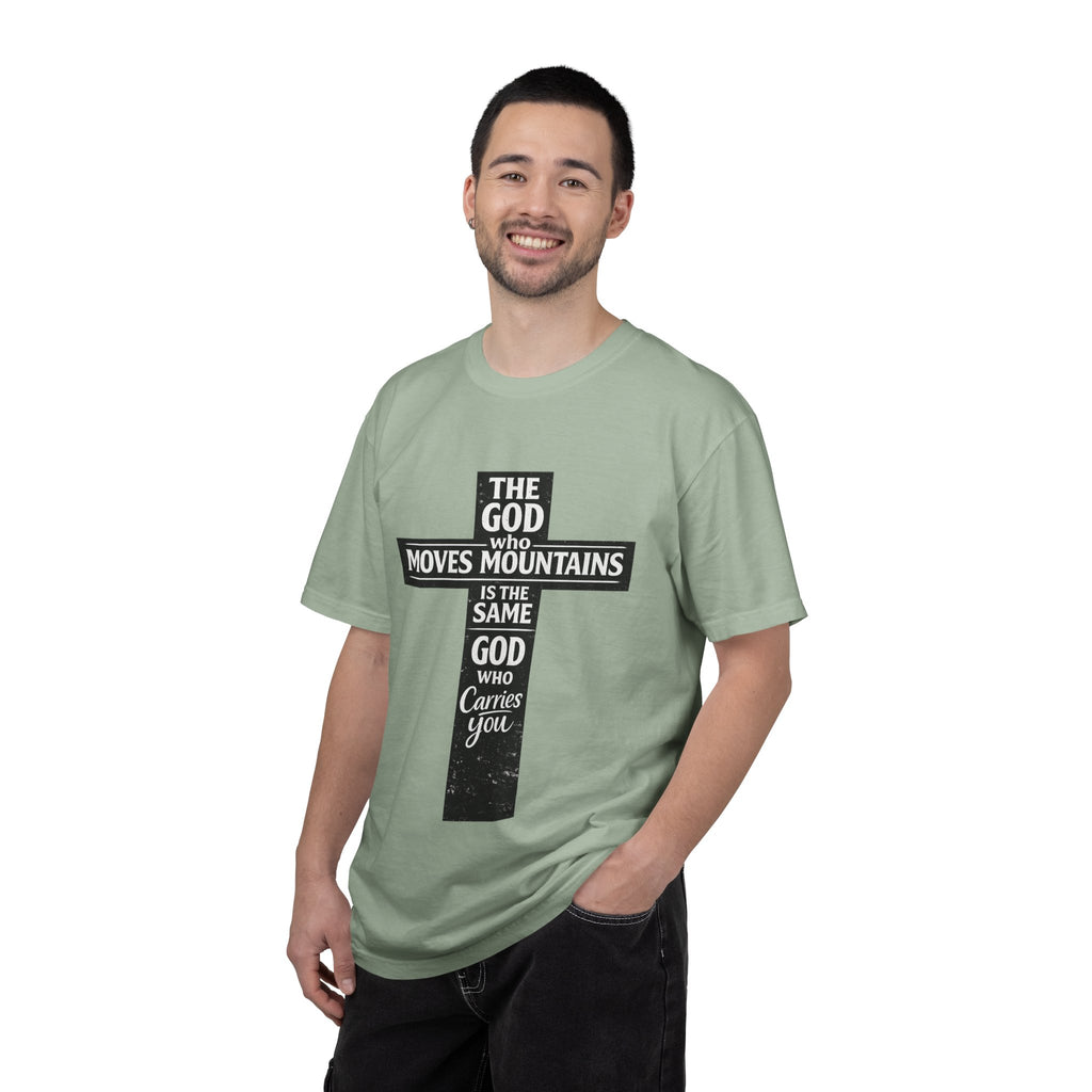 Christian Cross T-Shirt — "The God Who Moves Mountains is the Same God Who Carries You" Inspirational Faith Tee