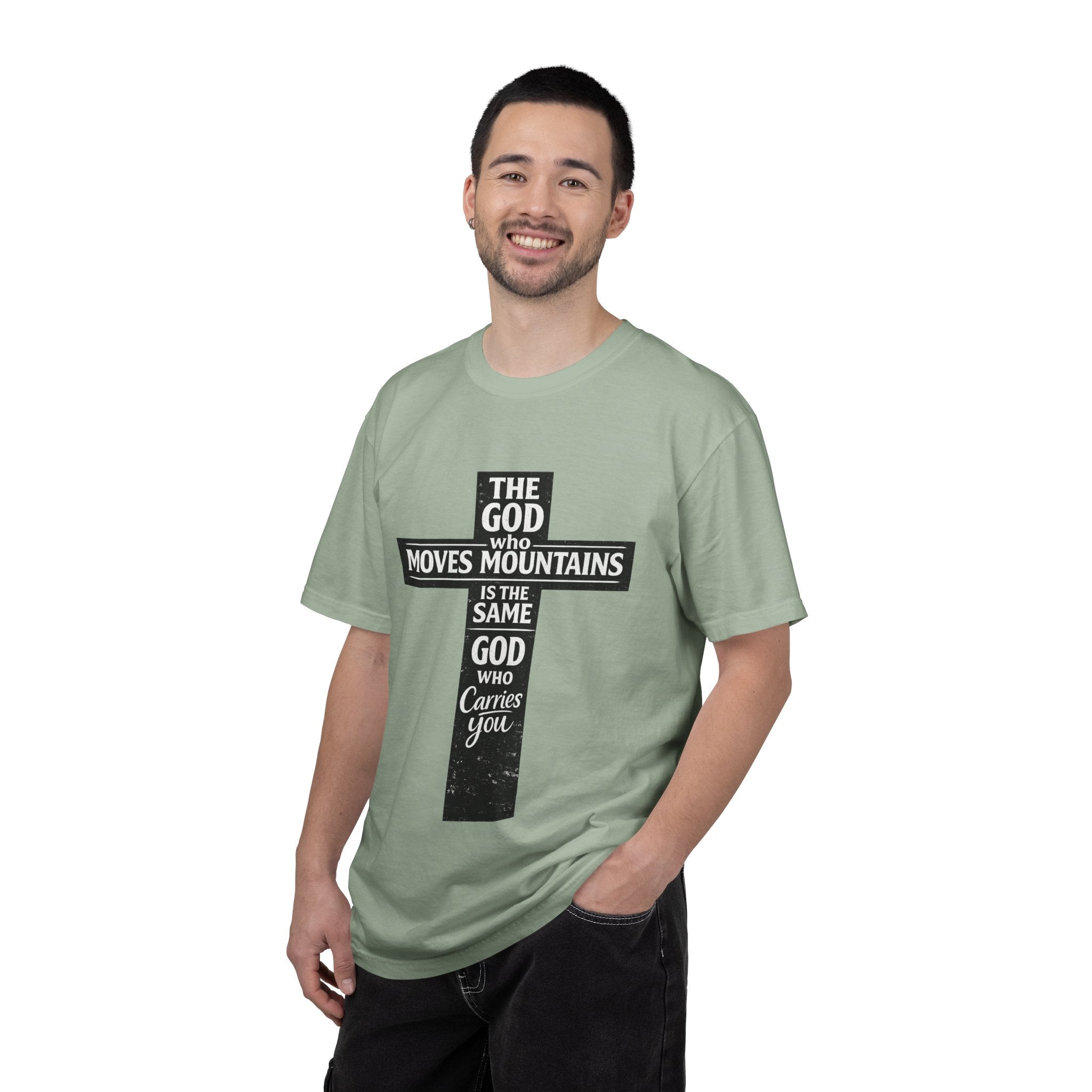 Christian Cross T-Shirt — "The God Who Moves Mountains is the Same God Who Carries You" Inspirational Faith Tee