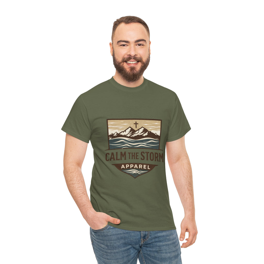 Calm the Storm Graphic Tee — Mountains & Cross Christian Outdoor Shirt