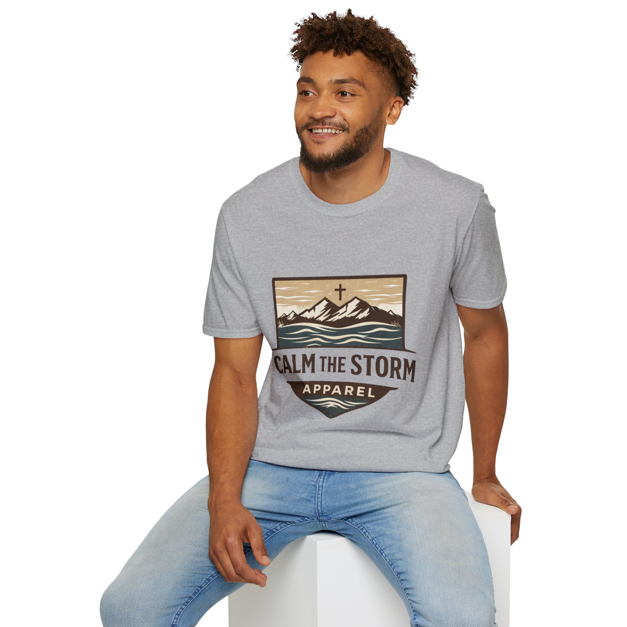 Calm The Storm Mountain Tee — Christian Cross Outdoor Graphic T-Shirt