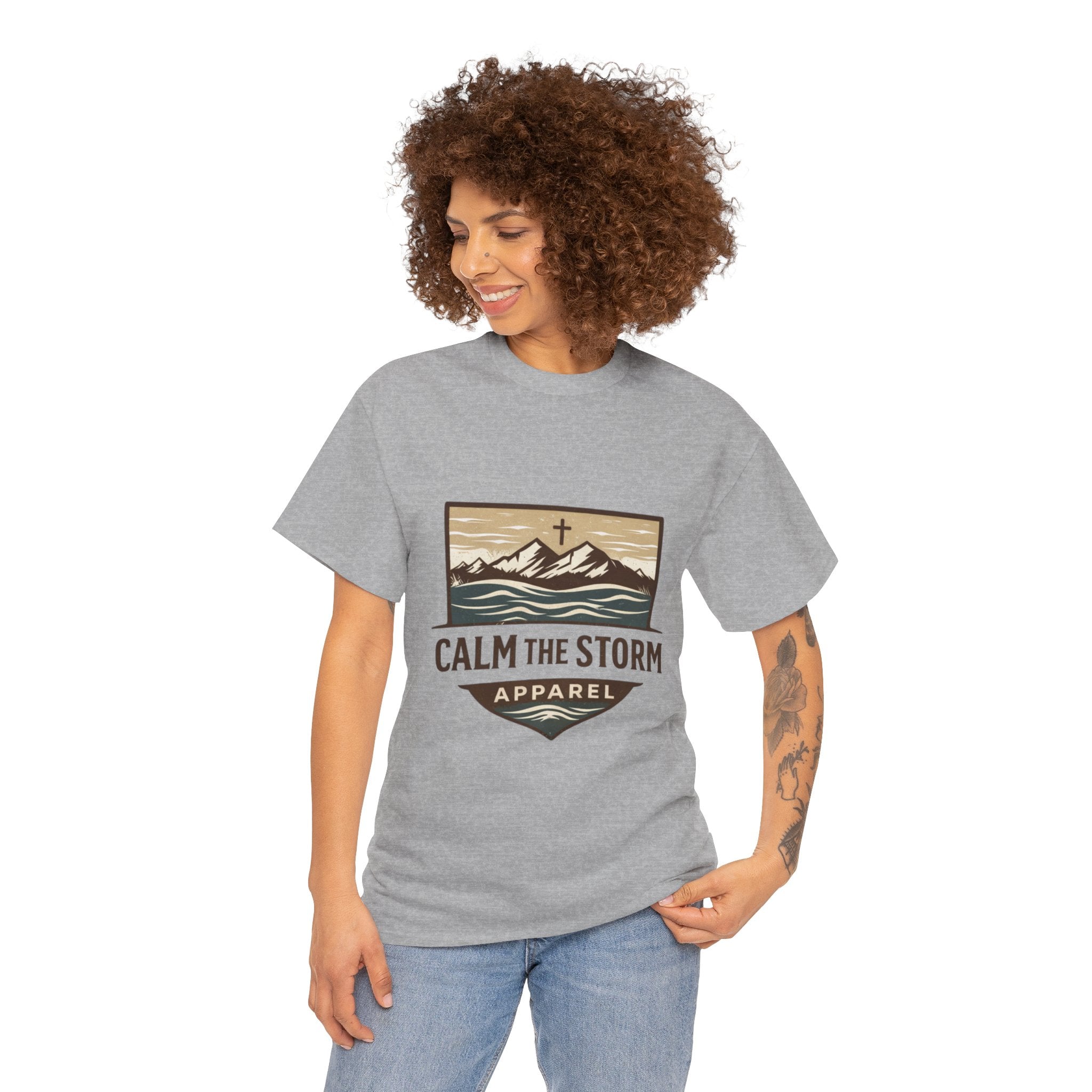 Calm the Storm Graphic Tee — Mountains & Cross Christian Outdoor Shirt