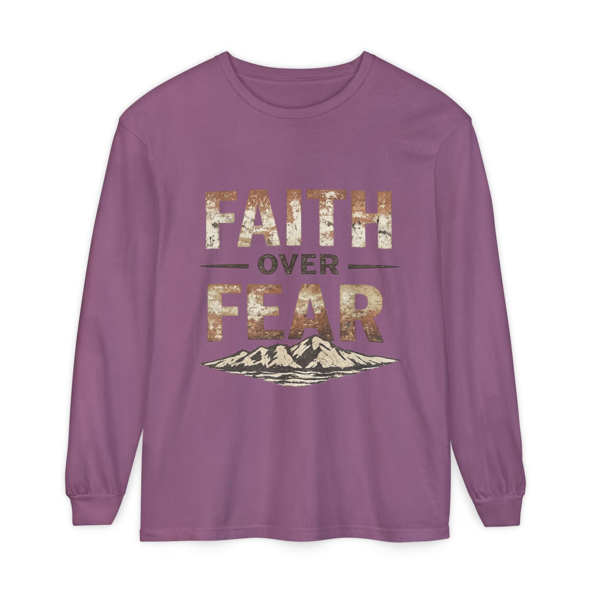 Faith Over Fear Long Sleeve Tee — Inspirational Mountain Graphic